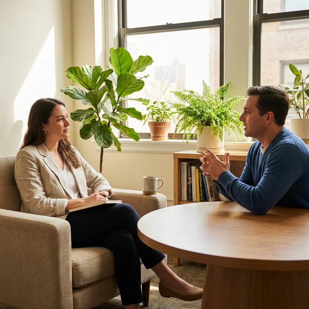 Warm illustration of two people having a supportive counseling conversation in a calm office with natural light