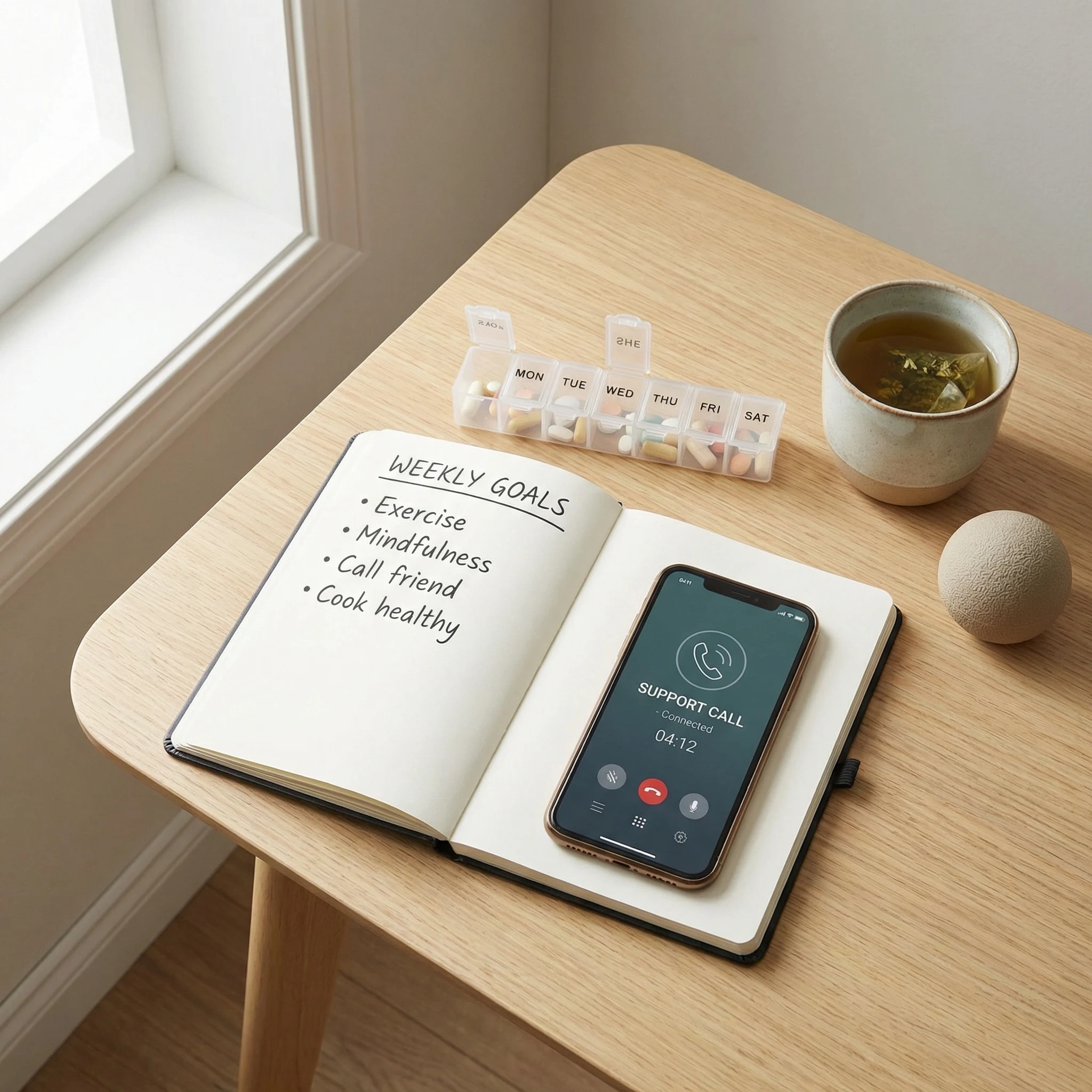 Notebook with weekly recovery goals beside a phone displaying a support call and a day-labeled medication organizer.