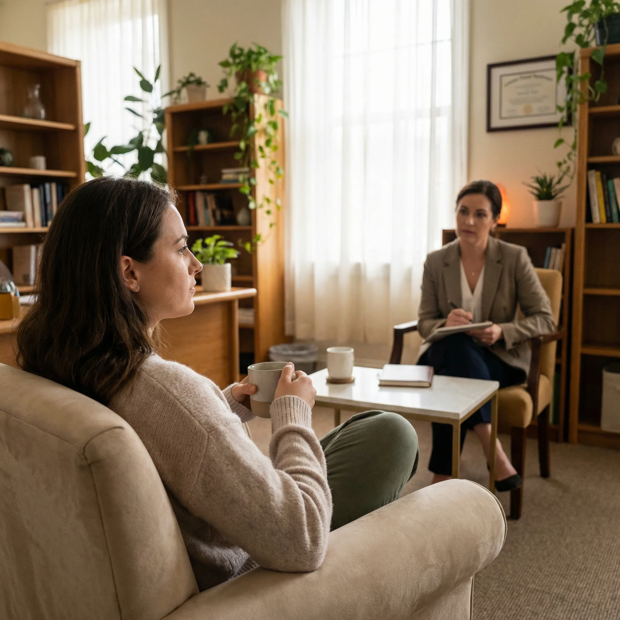 Patient sitting in a warm well-lit therapy office during a cognitive behavioral therapy session