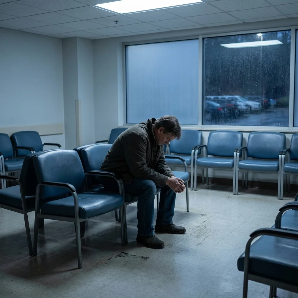 Muted watercolor illustration of a person sitting alone in a hospital waiting room staring at the floor