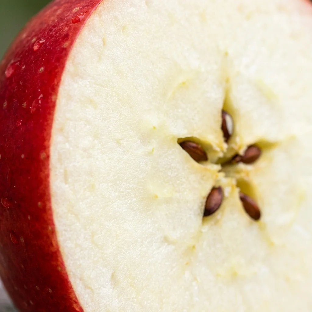 Close-up cross-section of a red apple showing the contrast between colorful skin, white flesh, and the core