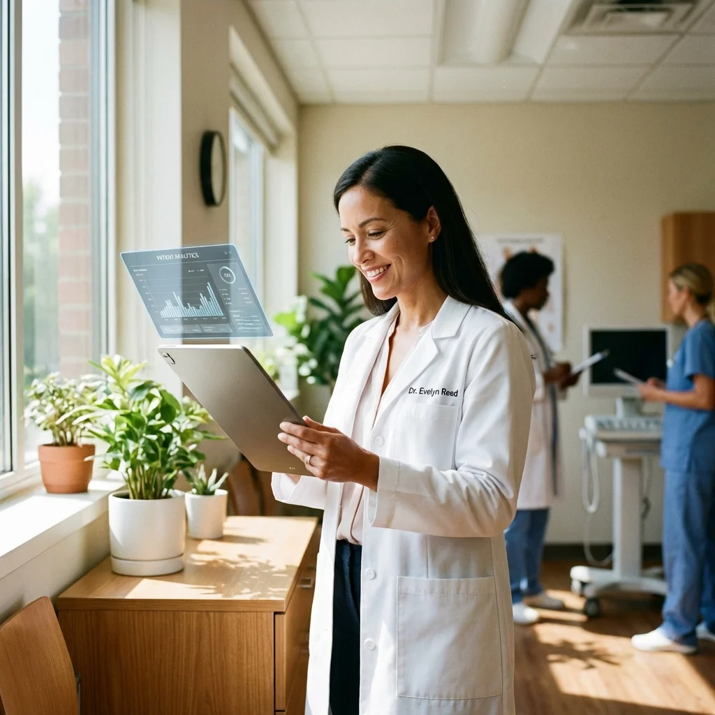Healthcare professional reviewing clinical data on a tablet in a modern medical office