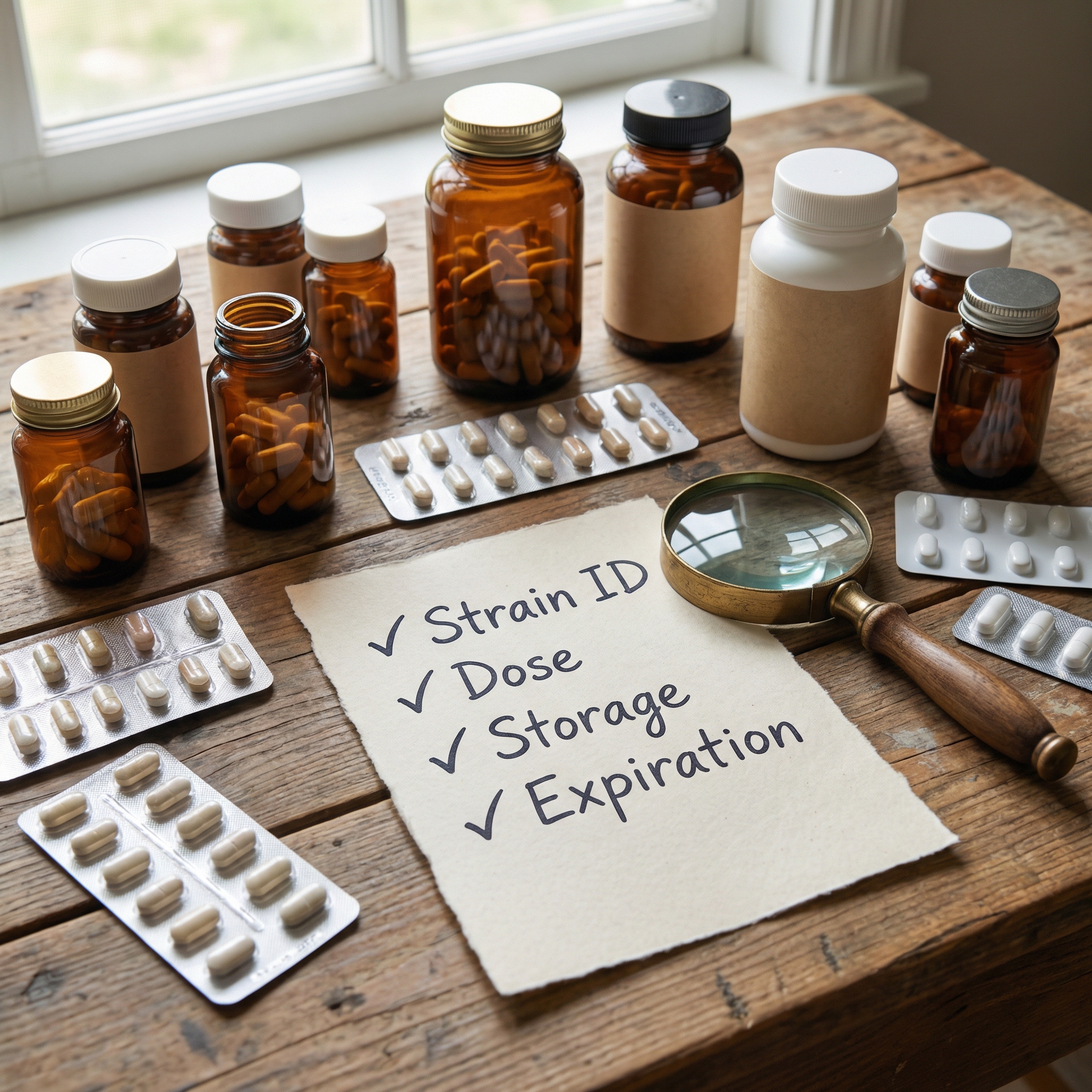 Flat-lay of supplement containers and a checklist highlighting strain identity, CFU viability, storage, and expiration date checks.