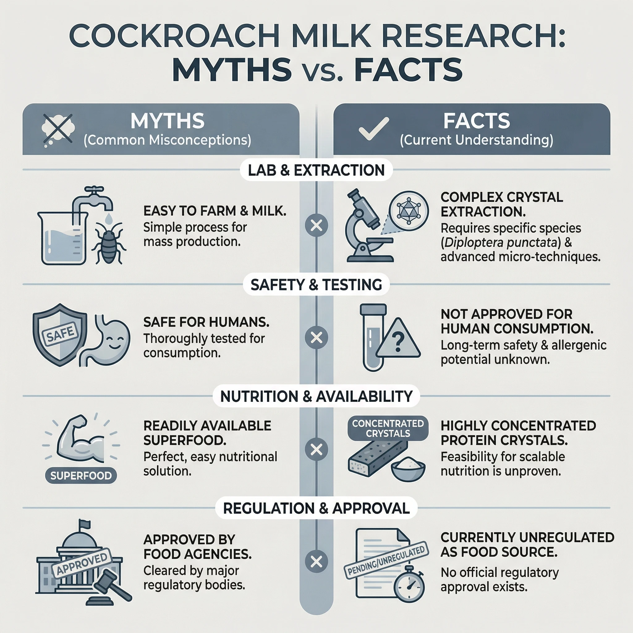 Infographic style visual comparing common myths and evidence-based facts about cockroach milk and insect protein research