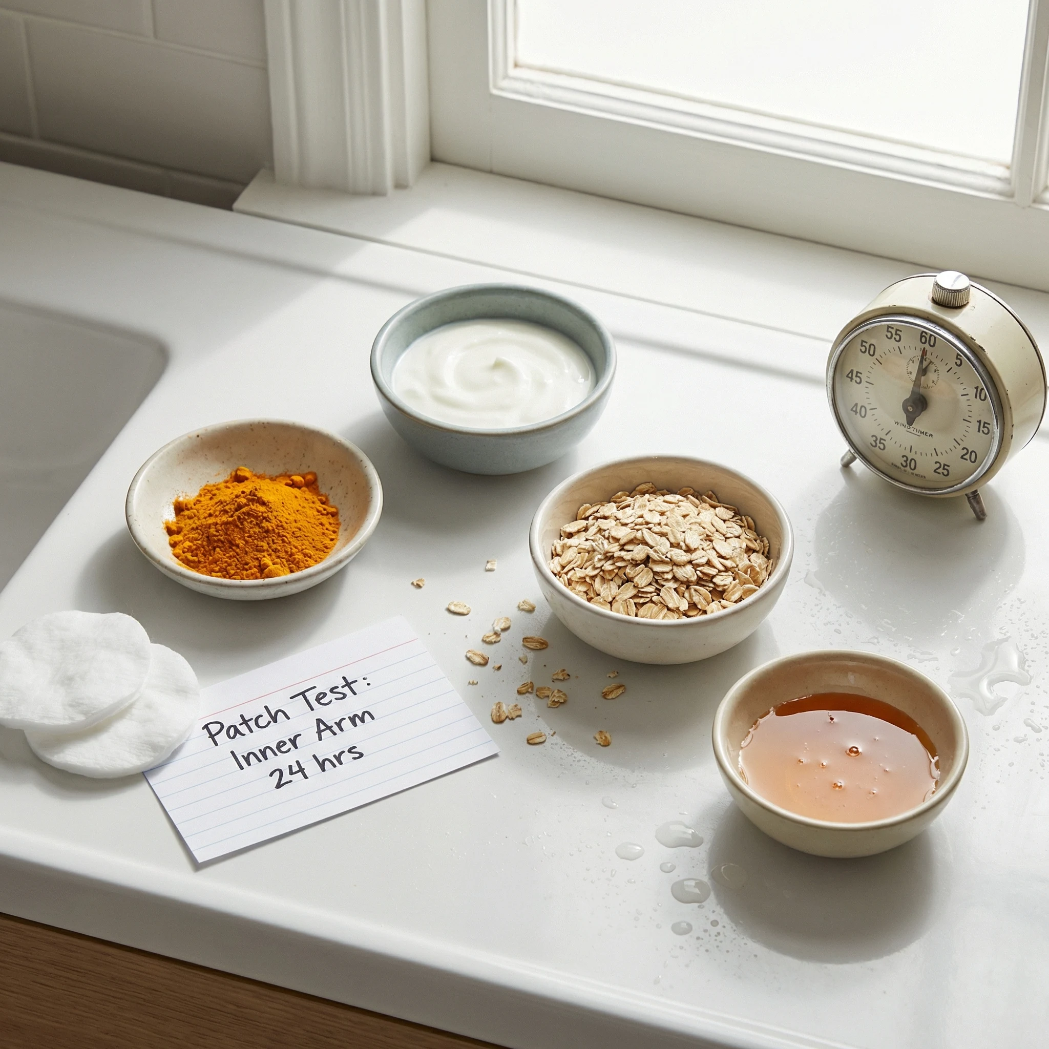 Skincare prep scene with turmeric mask ingredients, cotton pads, and a timer to emphasize measured use and patch testing