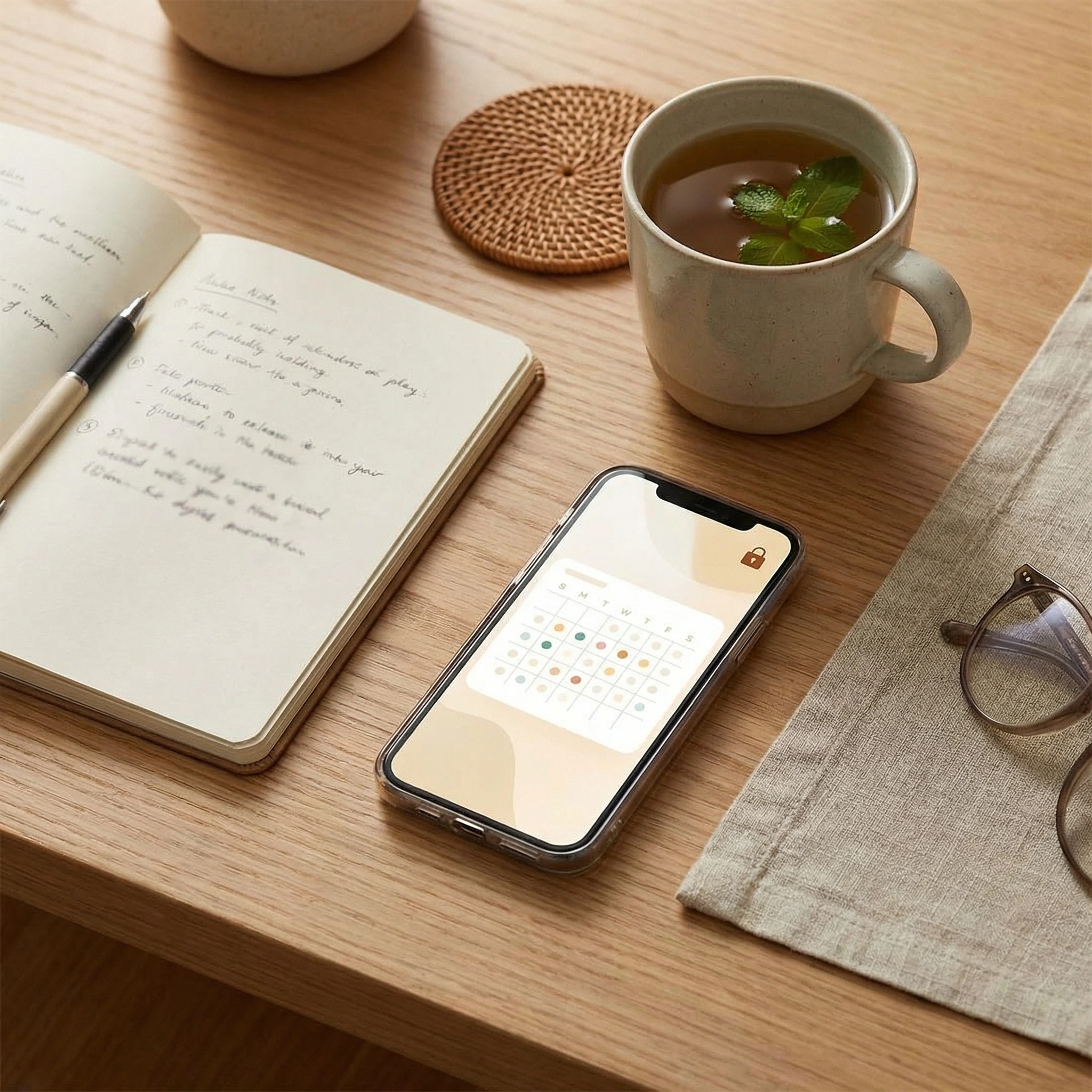 Smartphone showing a generic cycle calendar beside a notebook and privacy lock symbol