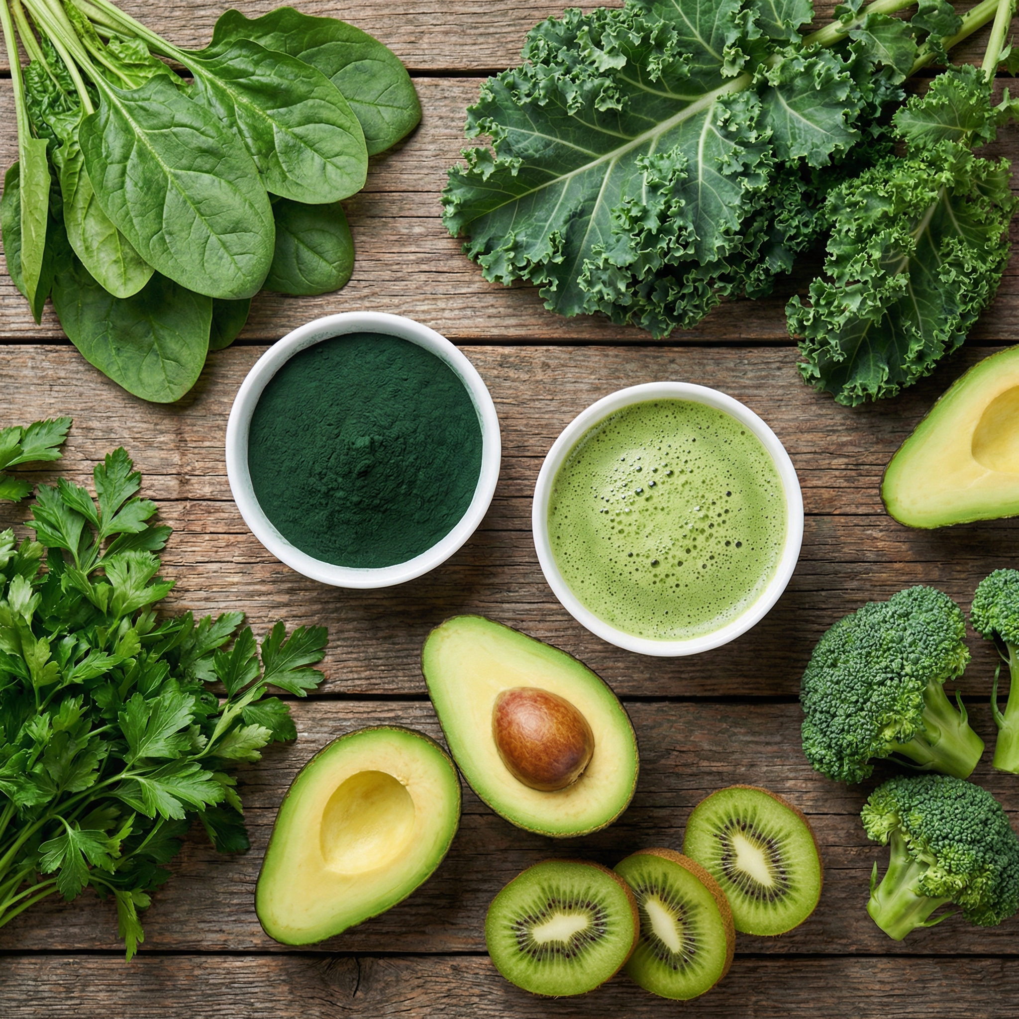 Fresh assortment of chlorophyll-rich foods including spinach, kale, parsley, and wheatgrass on a wooden board.