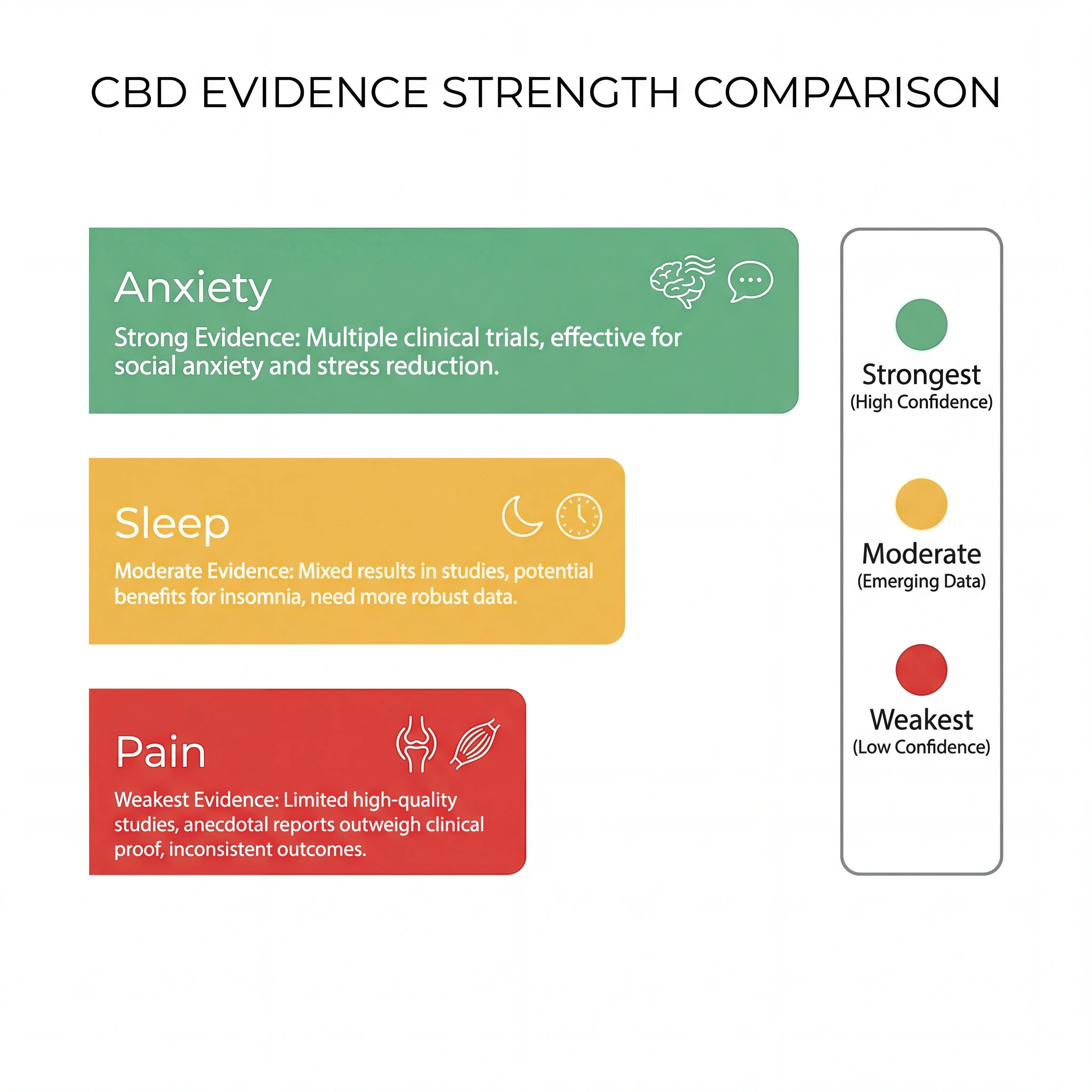 Infographic comparing clinical evidence strength for CBD across anxiety, sleep, and pain management categories