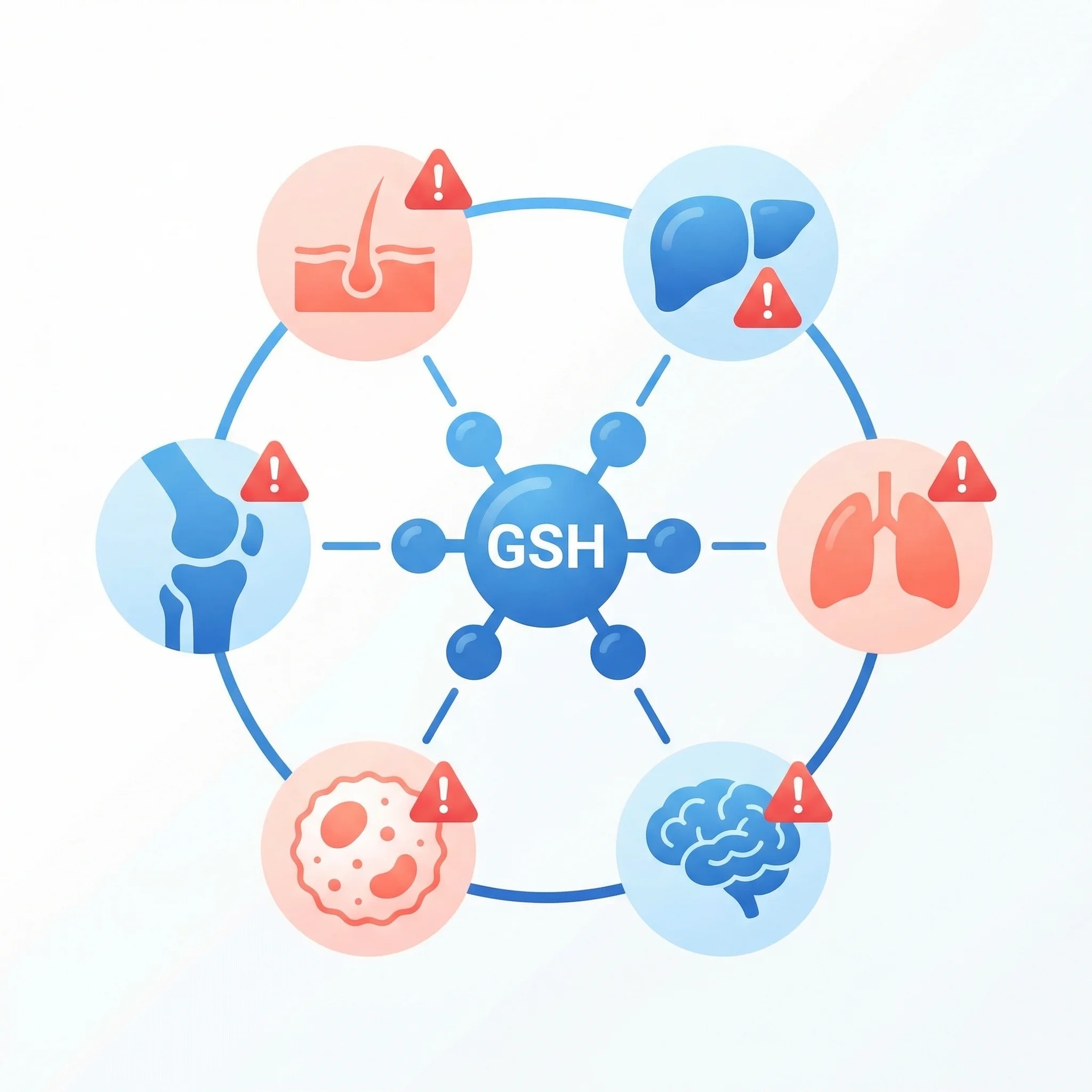 Infographic displaying six organ systems affected by glutathione depletion including liver, lungs, brain, immune cells, joints, and skin