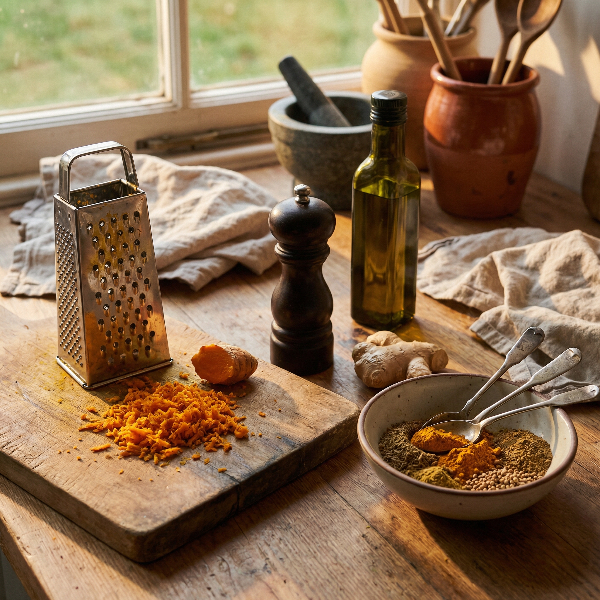 Fresh turmeric root being grated beside ginger, black pepper, and measuring spoons to show practical kitchen preparation.