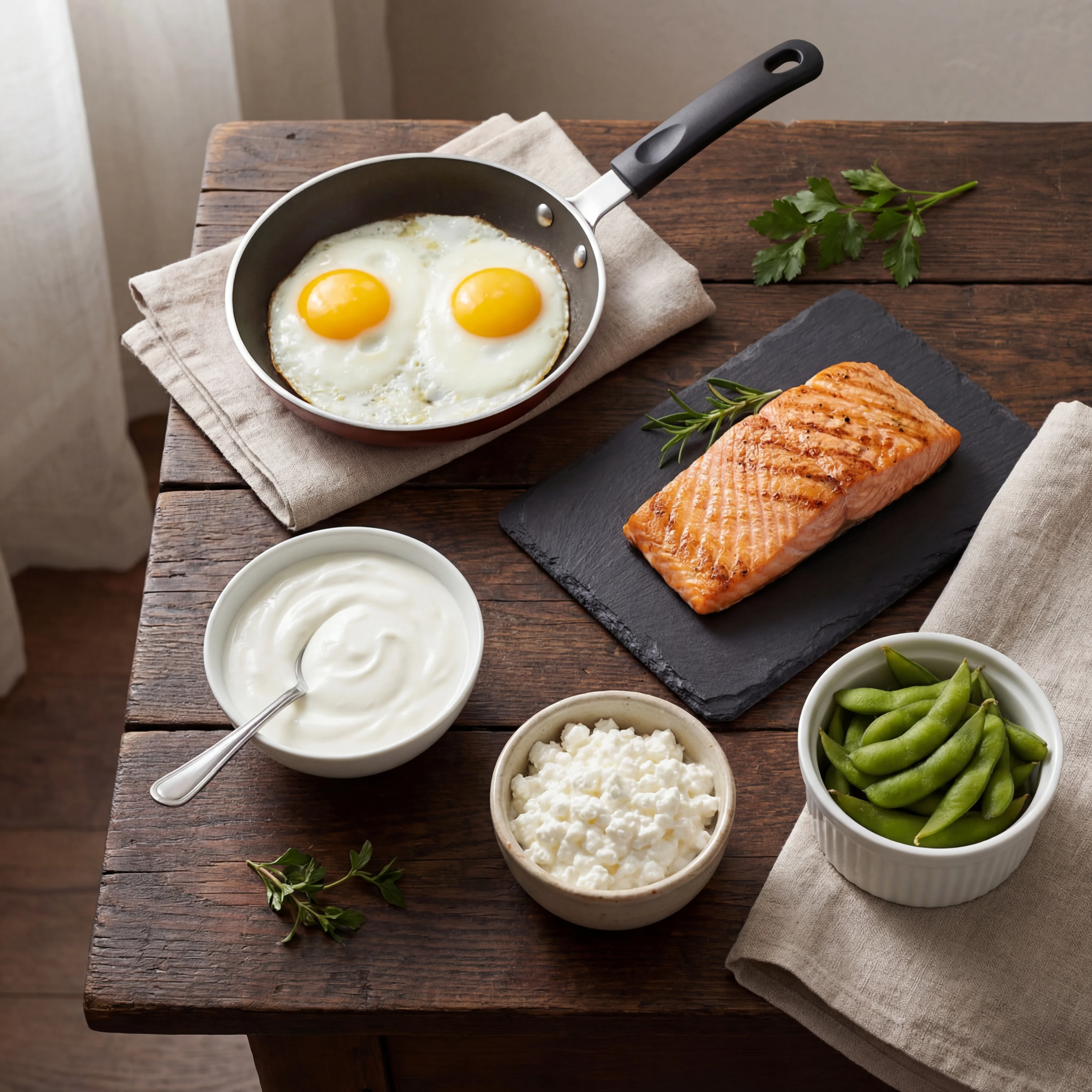 High-protein meal prep spread featuring eggs, grilled salmon, Greek yogurt, cottage cheese, and edamame, representing the dietary approach to muscle preservation during GLP-1 weight loss therapy
