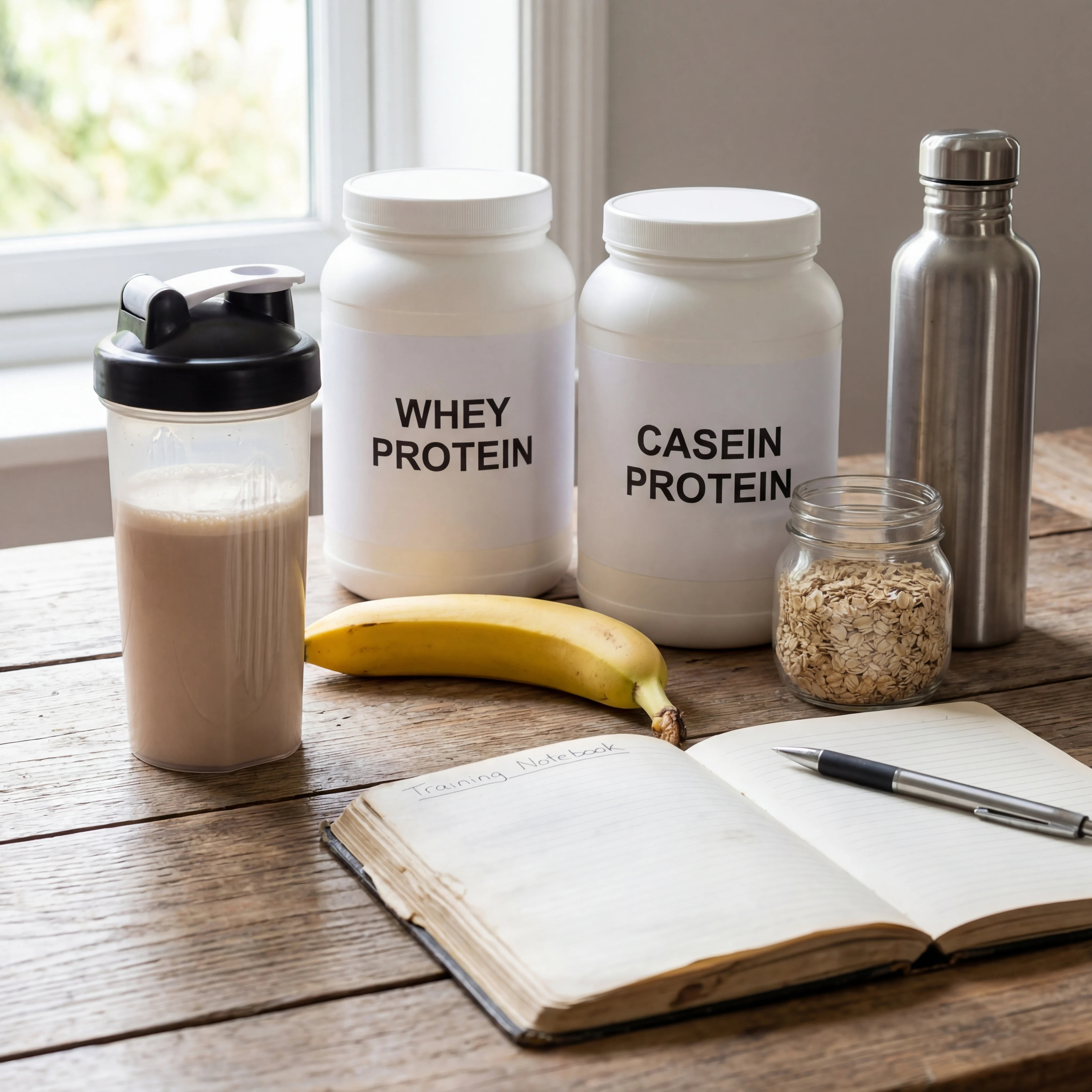 Post-workout nutrition setup with shaker bottle, protein containers, banana, oats, and hydration to show practical timing choices