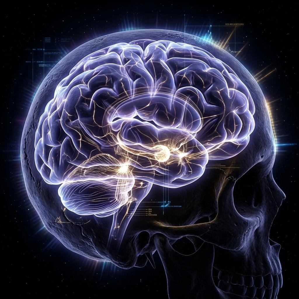 Scientific visualization of a sleeping brain with glowing neural pathways in blue and gold tones