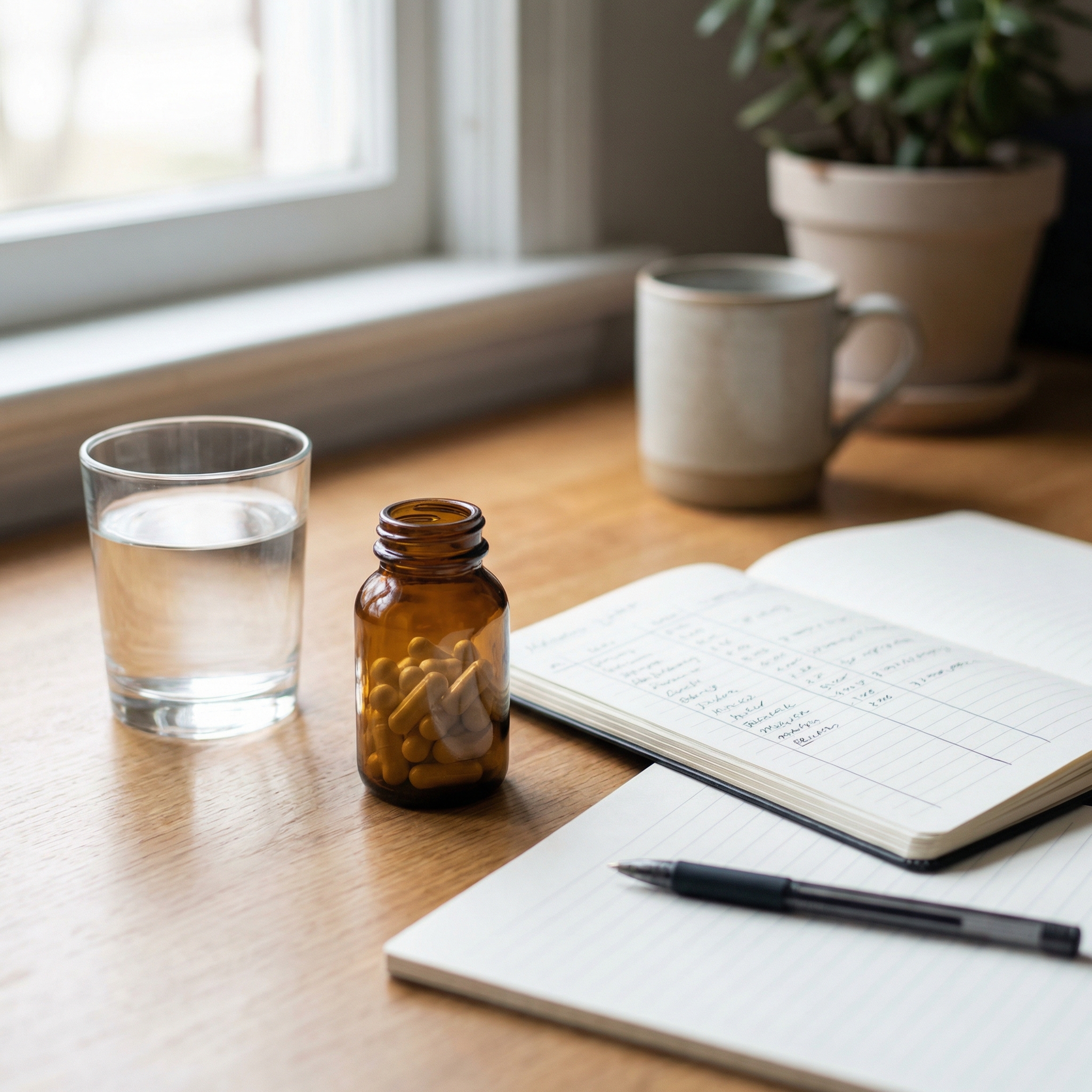 Symptom tracking notebook beside probiotic capsules and a glass of water for a daily gut-health check-in.