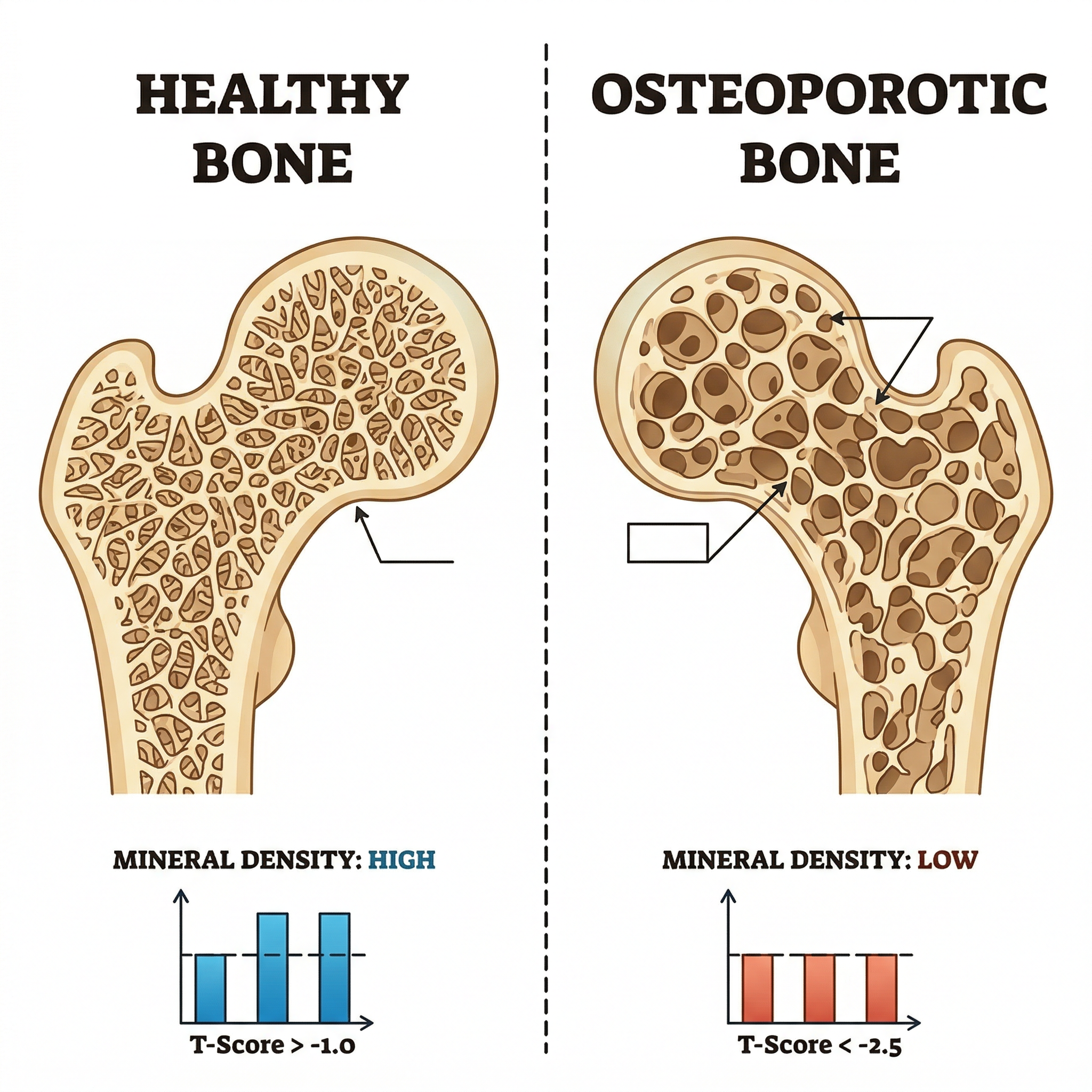 Comparison of healthy bone microstructure versus osteoporotic bone with mineral density data overlay