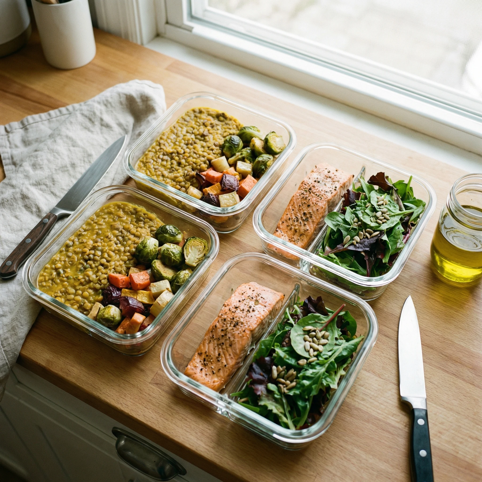 Meal prep containers with protein, vegetables, legumes, and whole grains arranged for high satiety