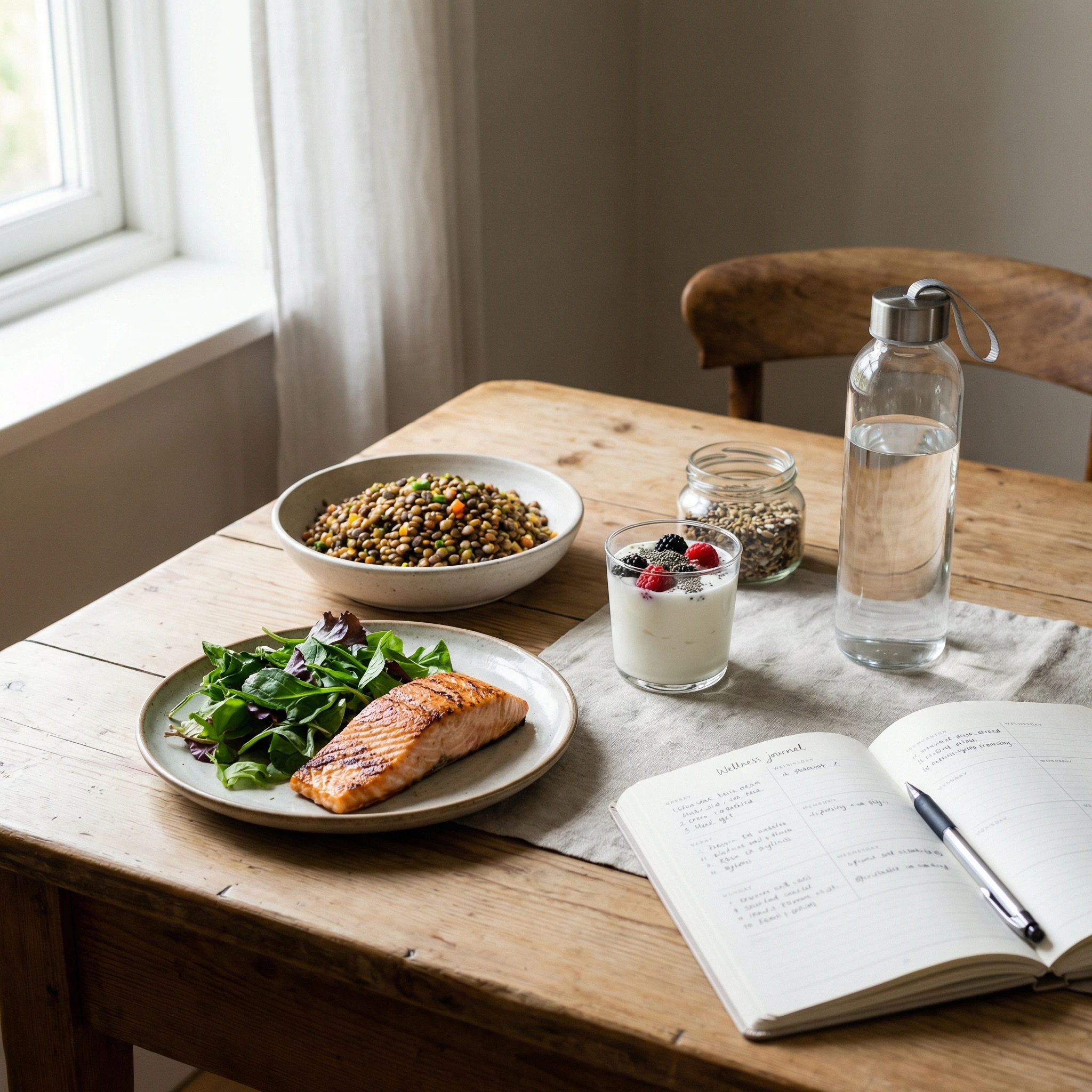 Balanced nutrient-dense foods, hydration bottle, and training journal arranged on a table