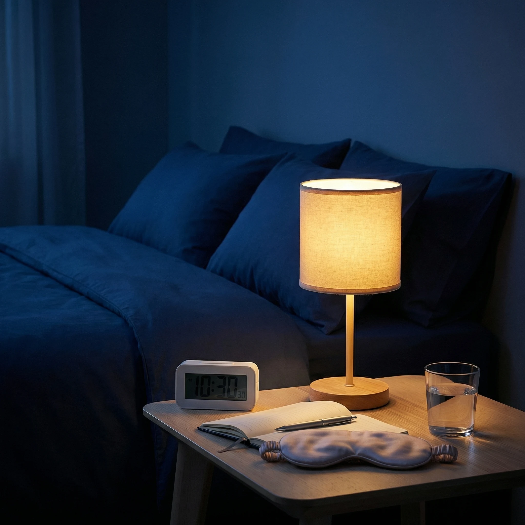 Calm nighttime bedroom scene with a bedside lamp, alarm clock, journal, eye mask, and water to support sleep recovery.