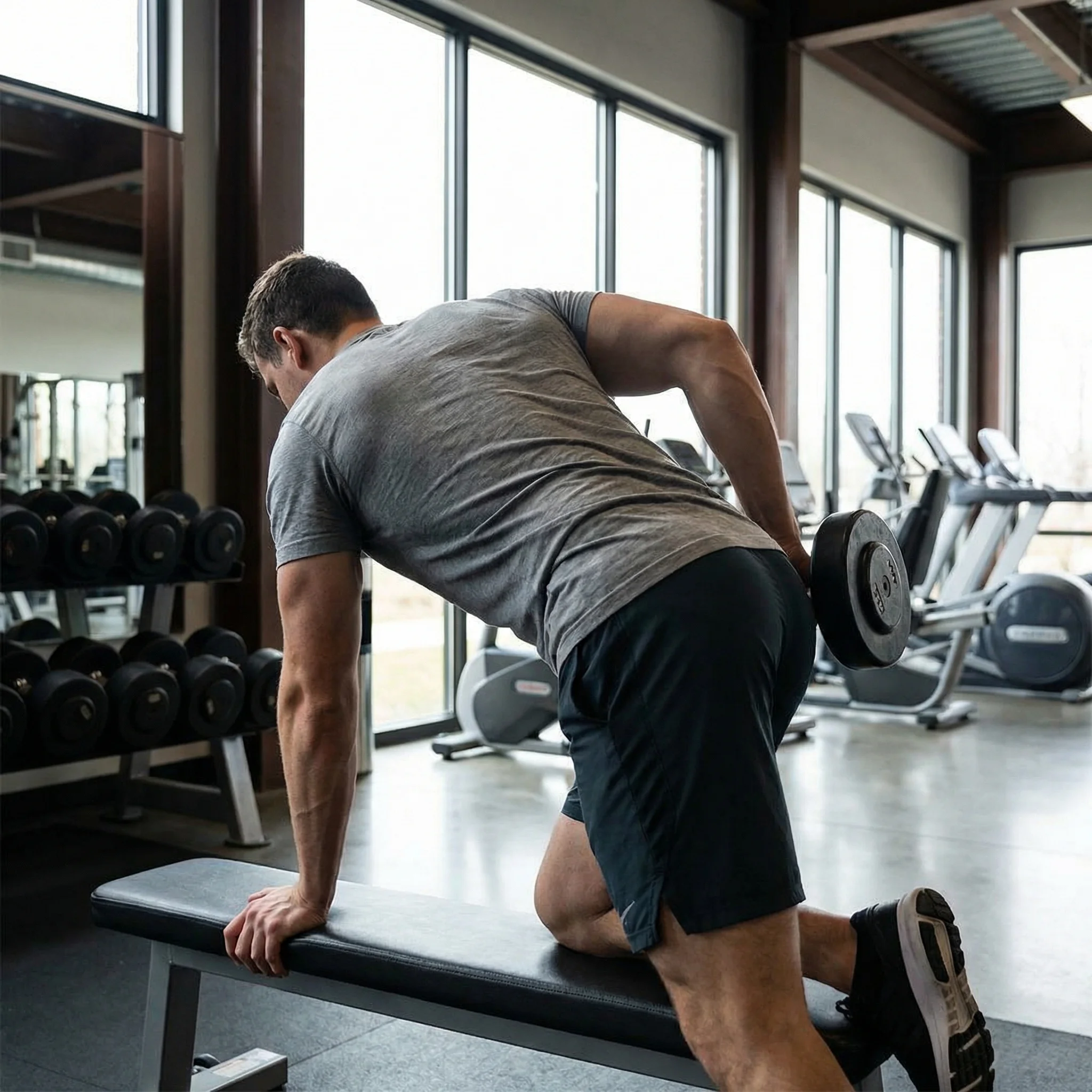 Person performing a dumbbell row exercise on a weight bench in a brightly lit gym
