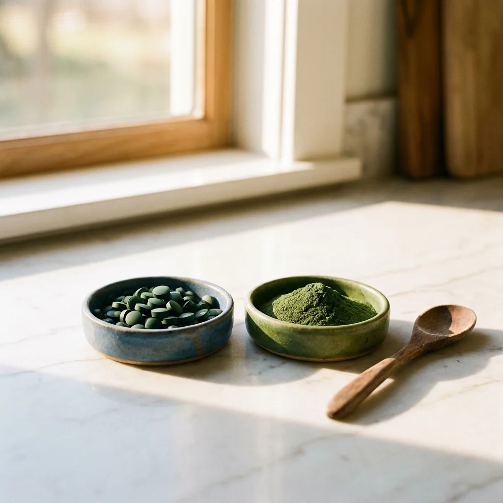 Side-by-side display of spirulina tablets in a blue dish and chlorella powder in a green dish