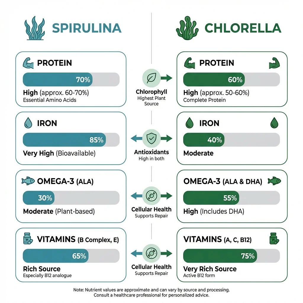 Infographic comparing key nutrients in spirulina versus chlorella per one-ounce serving
