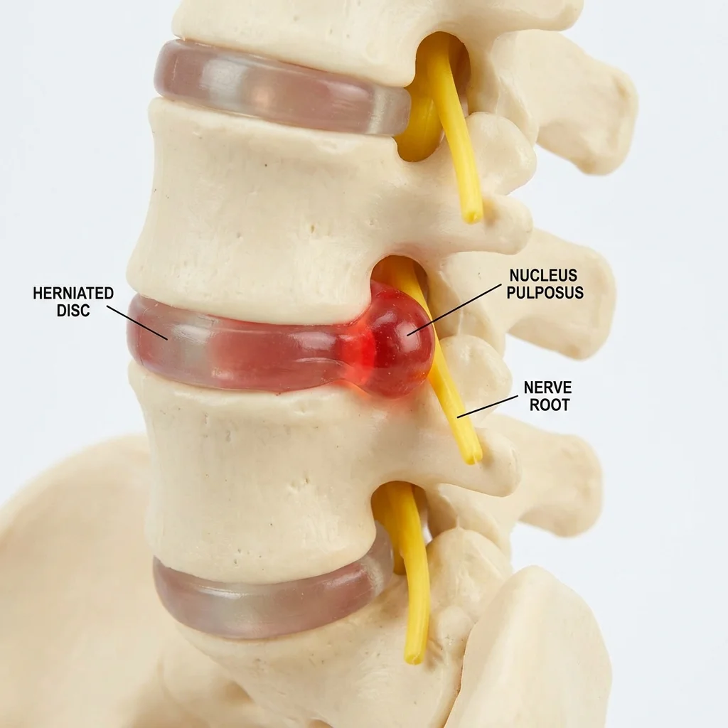 Anatomical spine model showing a herniated disc pressing against a spinal nerve root