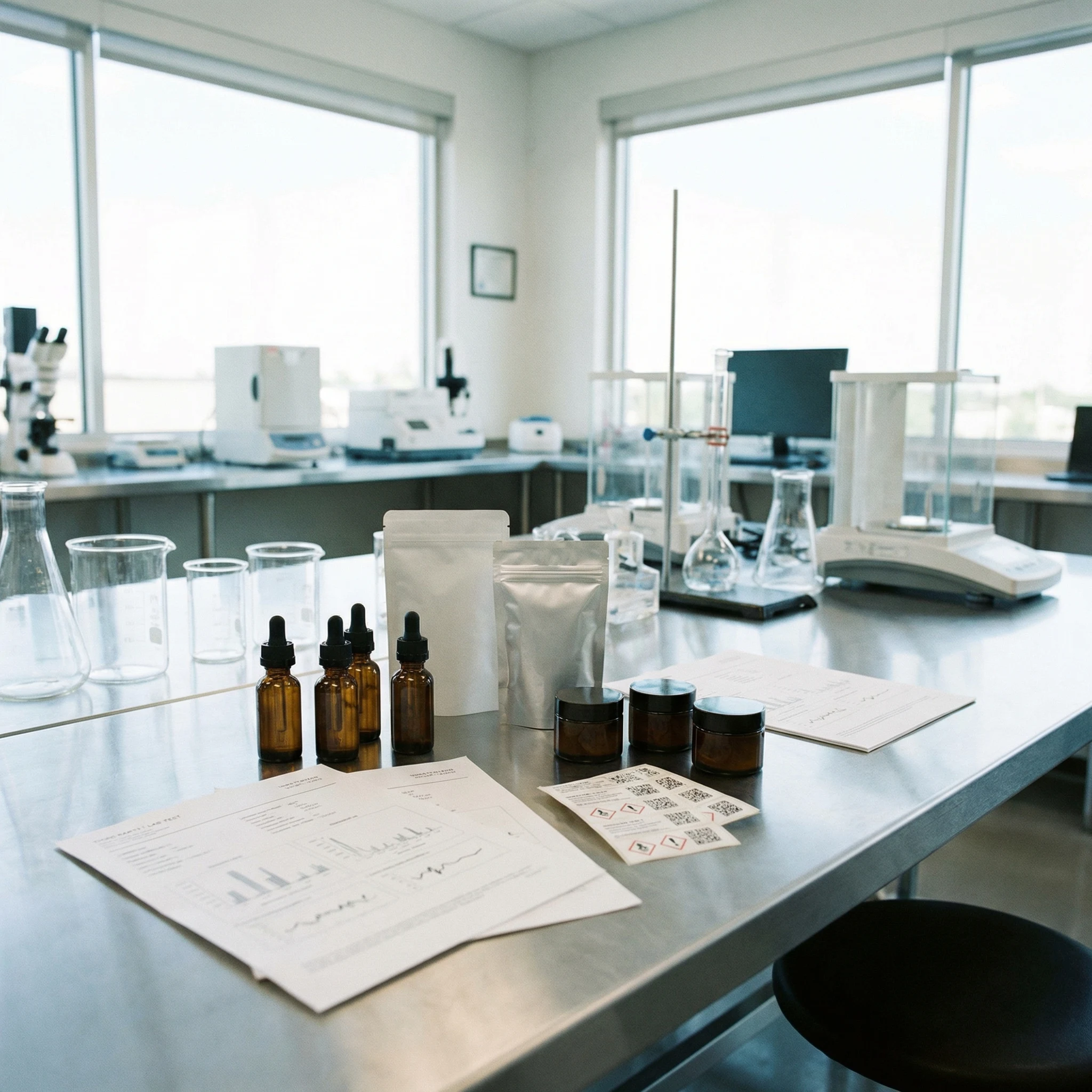 CBD products and laboratory paperwork representing third-party quality checks