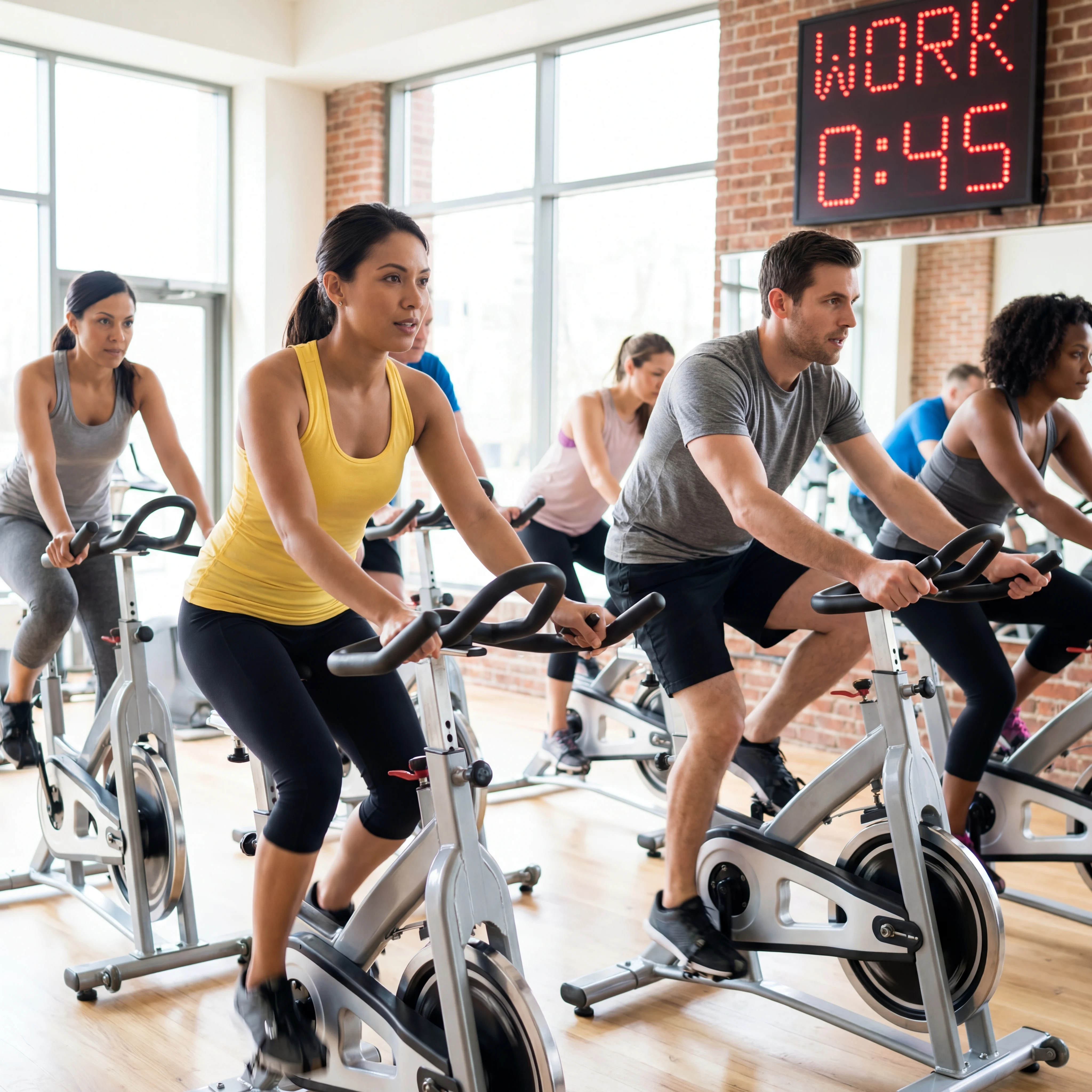 Interval cardio session in a studio with bike and timer to support fat loss while maintaining fitness