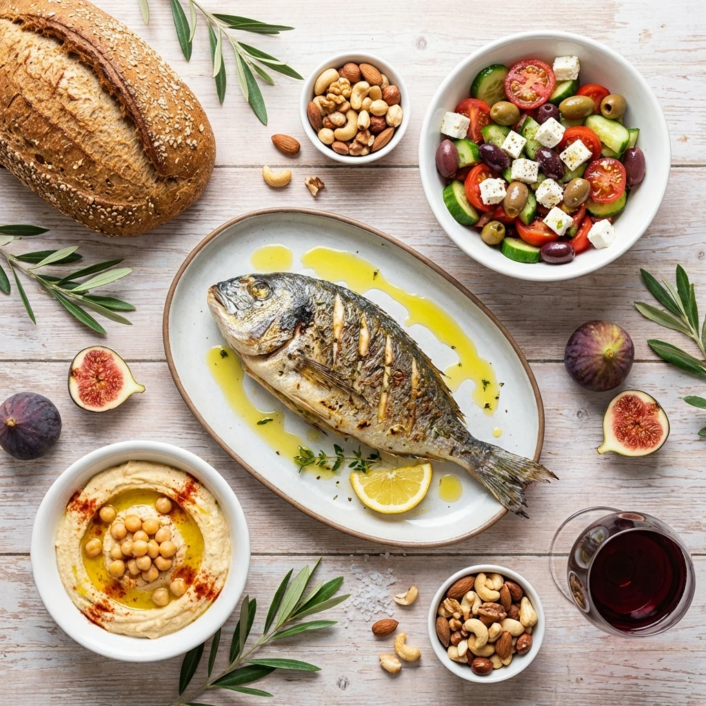 Overhead view of a Mediterranean meal spread with olive oil, fresh fish, colorful vegetables, whole grains, and nuts on a rustic table