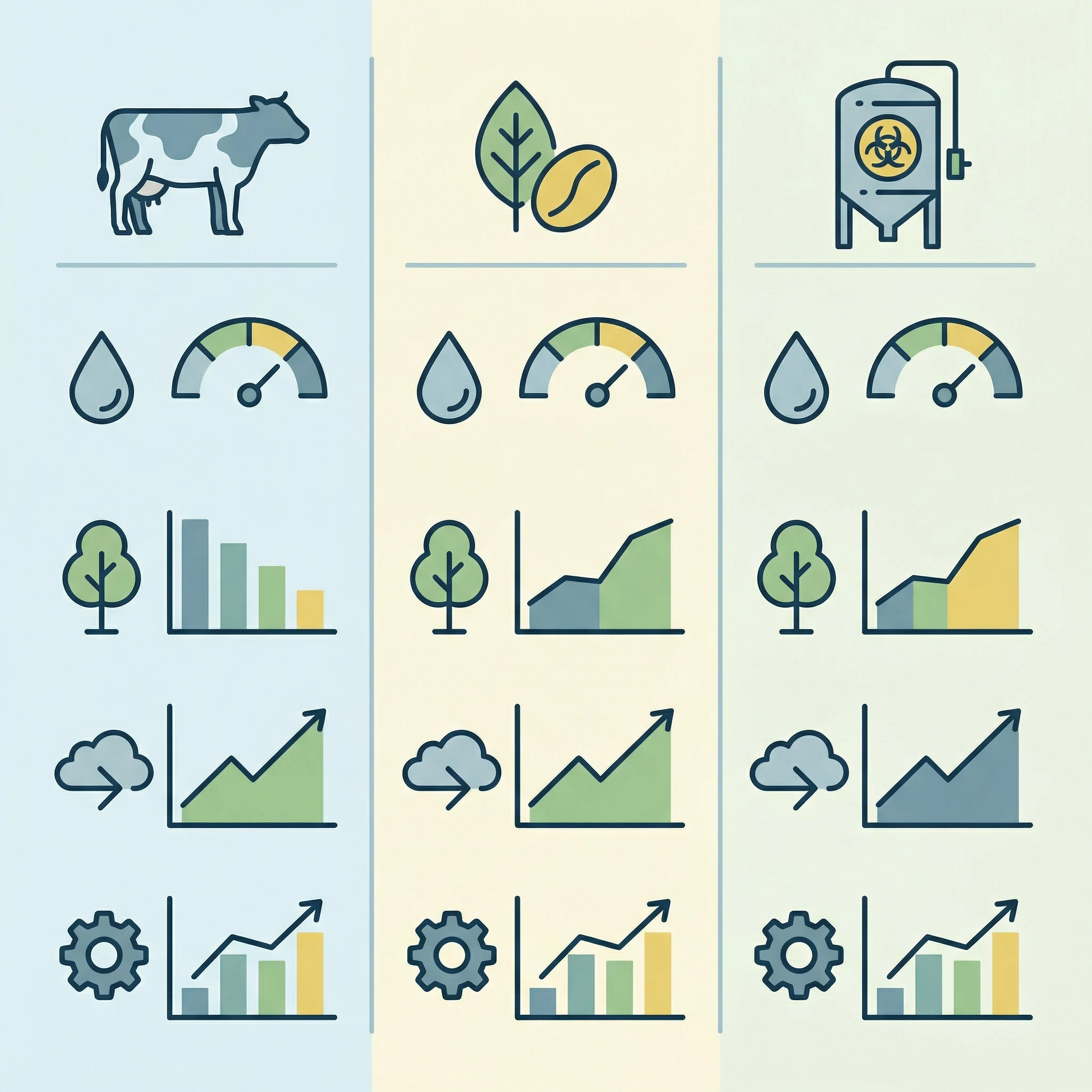 Concept chart comparing potential sustainability pathways for dairy, plant proteins, and future precision-fermented protein systems