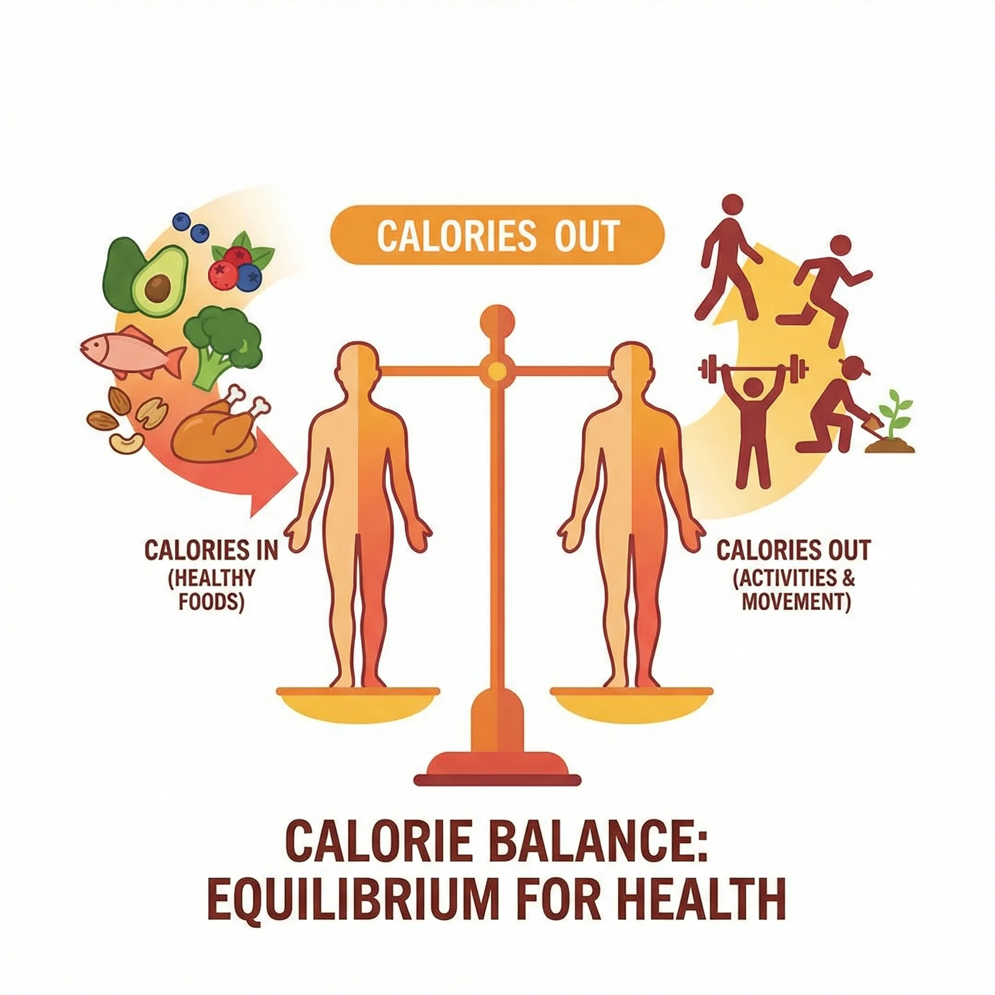 Infographic illustrating calorie balance with food intake on one side and energy expenditure through daily activities on the other