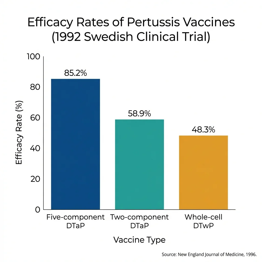 Bar chart comparing efficacy rates of five-component DTaP, two-component DTaP, and whole-cell DTwP vaccines from 1992 Swedish trial