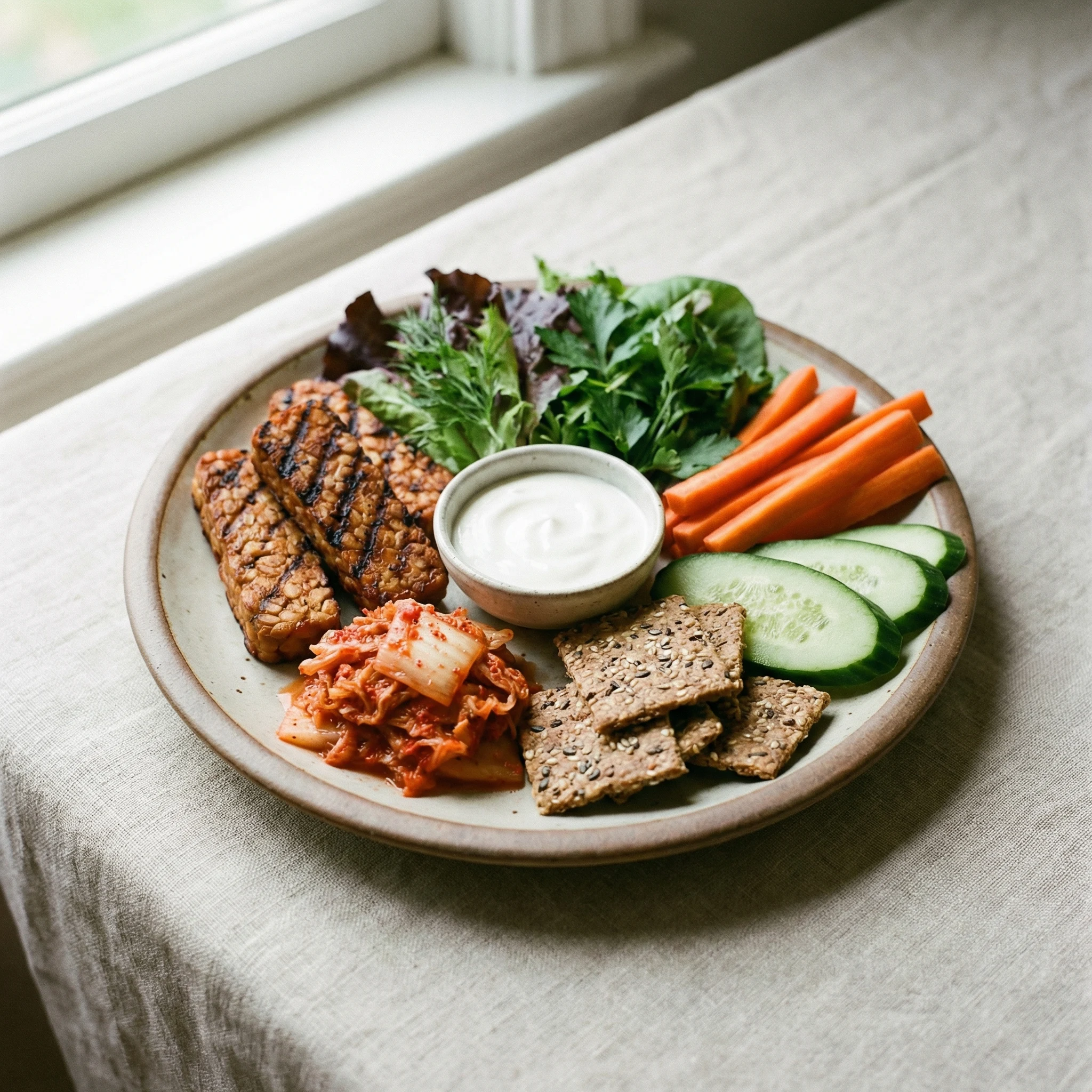 Balanced probiotic lunch plate with tempeh, kimchi, yogurt dip, whole-grain crackers, fresh vegetables, and greens