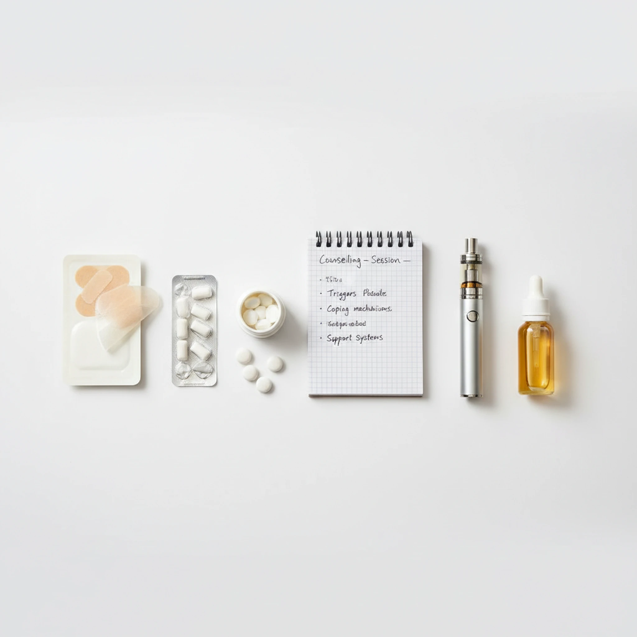 Smoking-cessation options arranged side by side including patches, lozenges, counseling notes, and a vaping device