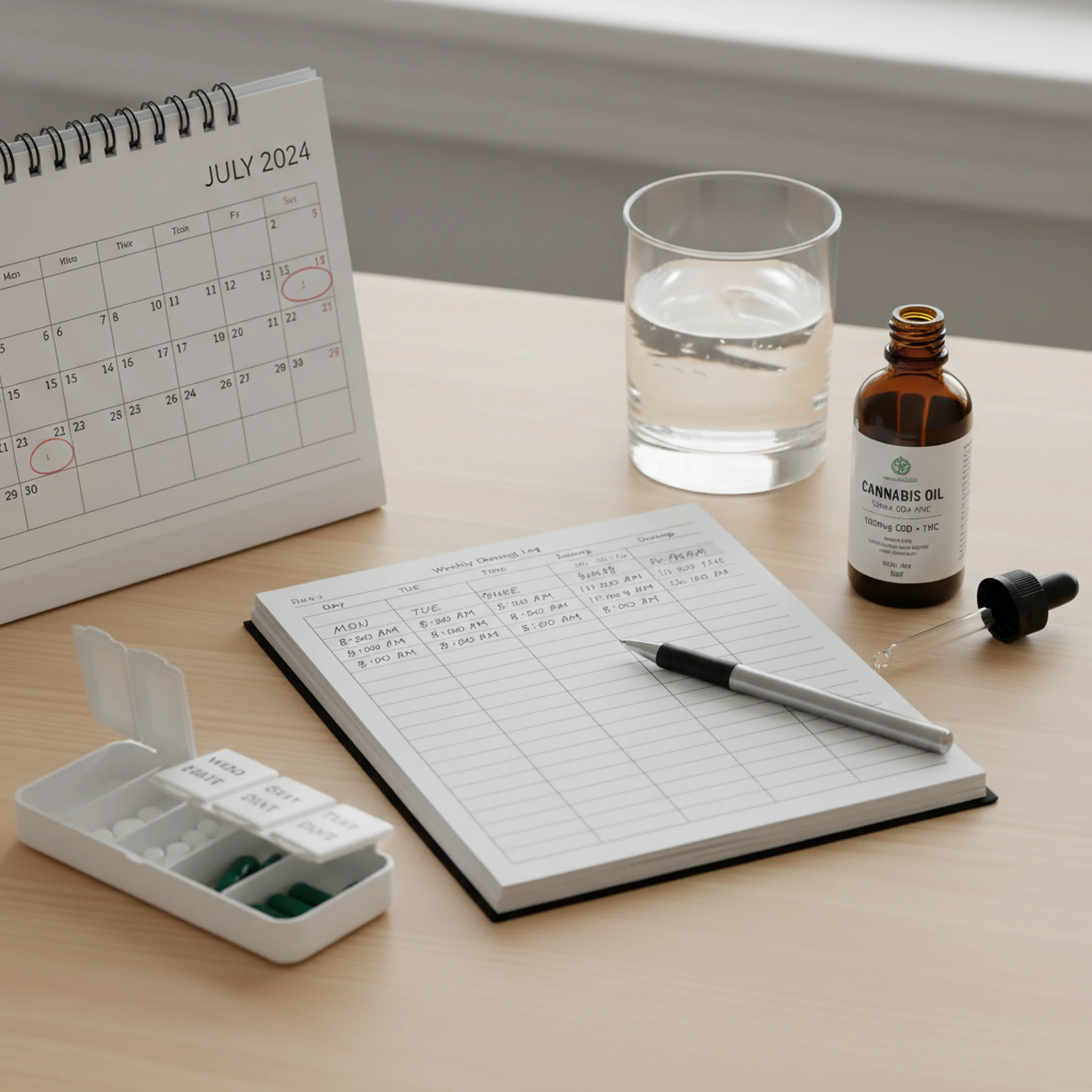 Weekly dosing log with symptom scores, reminder calendar, and measured cannabinoid bottle for treatment monitoring