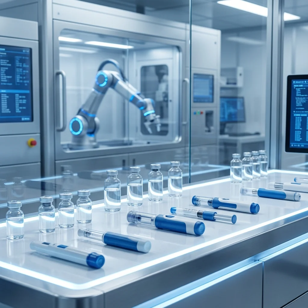 Futuristic laboratory with advanced injectable drug delivery systems being developed for long-acting HIV treatment