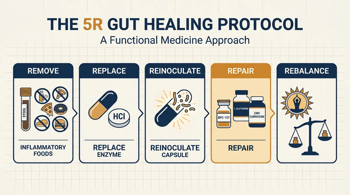 Infographic of the functional medicine 5R gut healing protocol with BPC-157 placed in the Repair phase