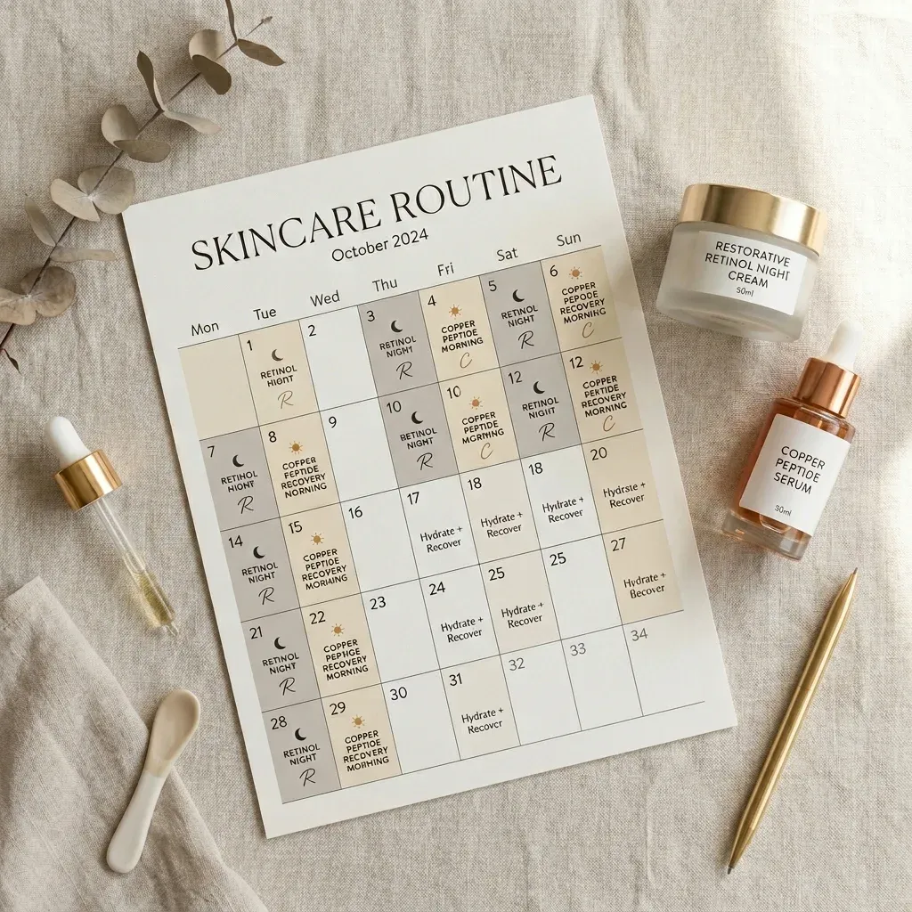Skincare calendar showing alternating retinol and copper peptide use