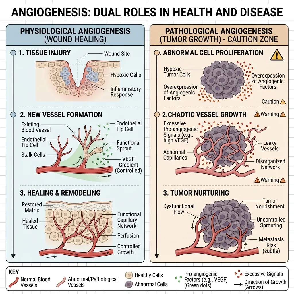 Diagram comparing helpful tissue angiogenesis with cancer-related caution