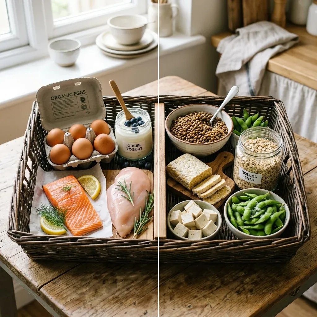 Animal and plant protein foods arranged side by side for an anti-aging grocery list