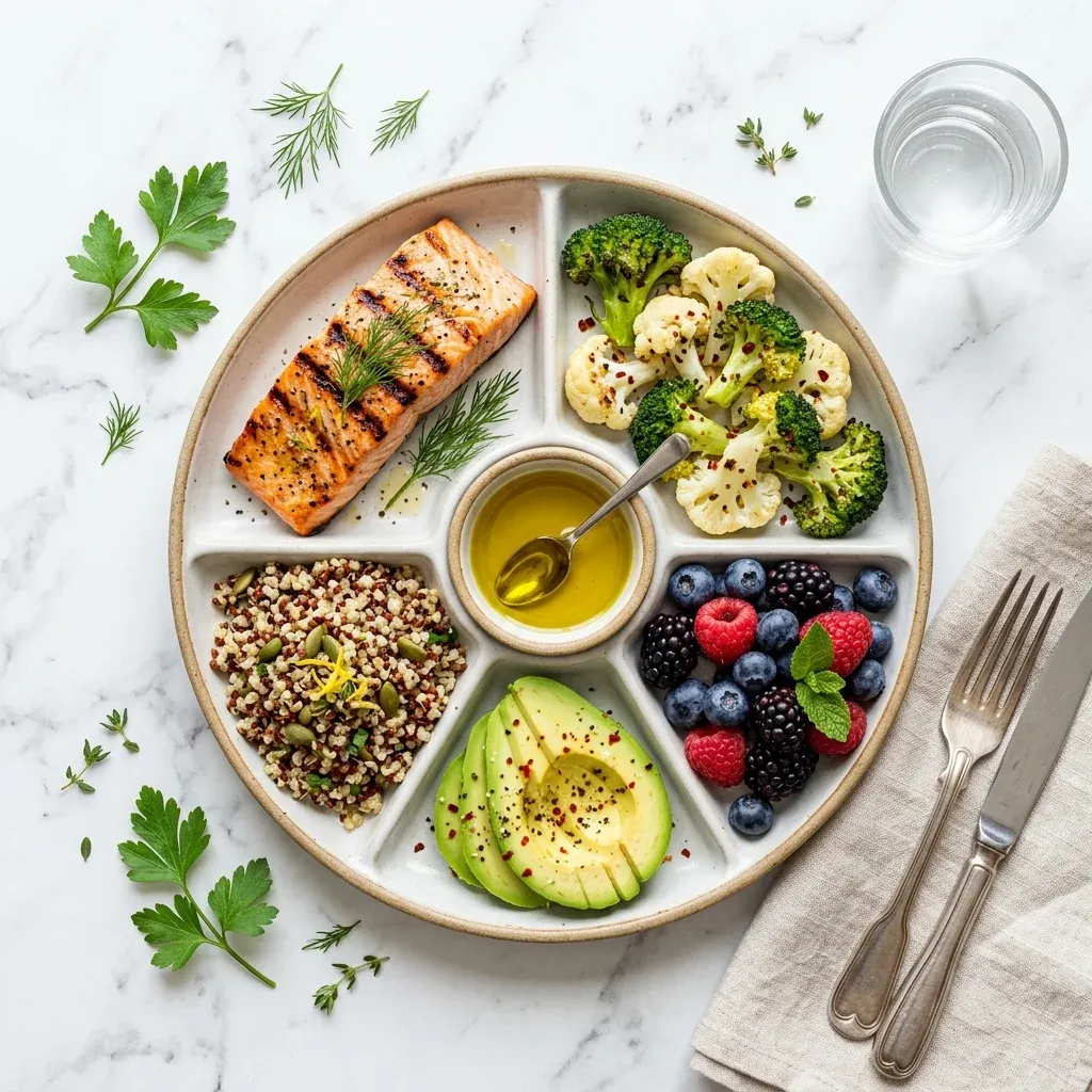 Colorful plate divided into sections showing recommended food groups for endometriosis management