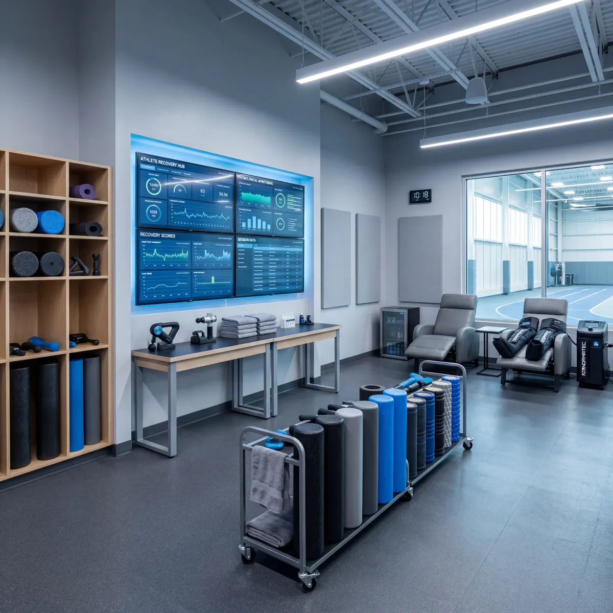 Athletic training facility with recovery station and scientific measurement equipment