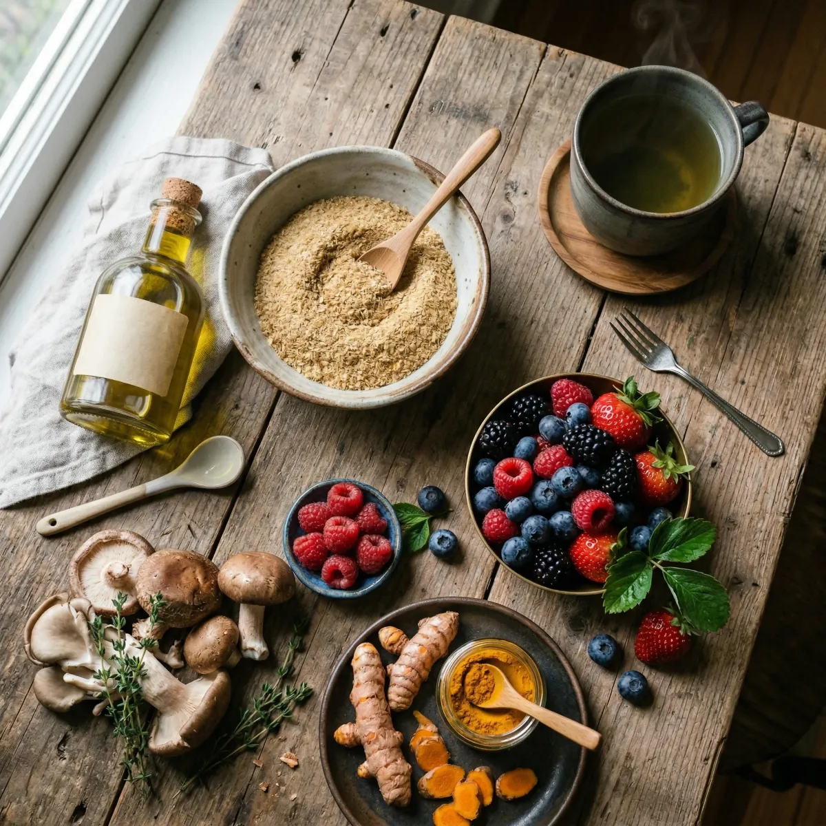 Arrangement of spermidine-rich and polyphenol-rich foods including wheat germ berries mushrooms and green tea