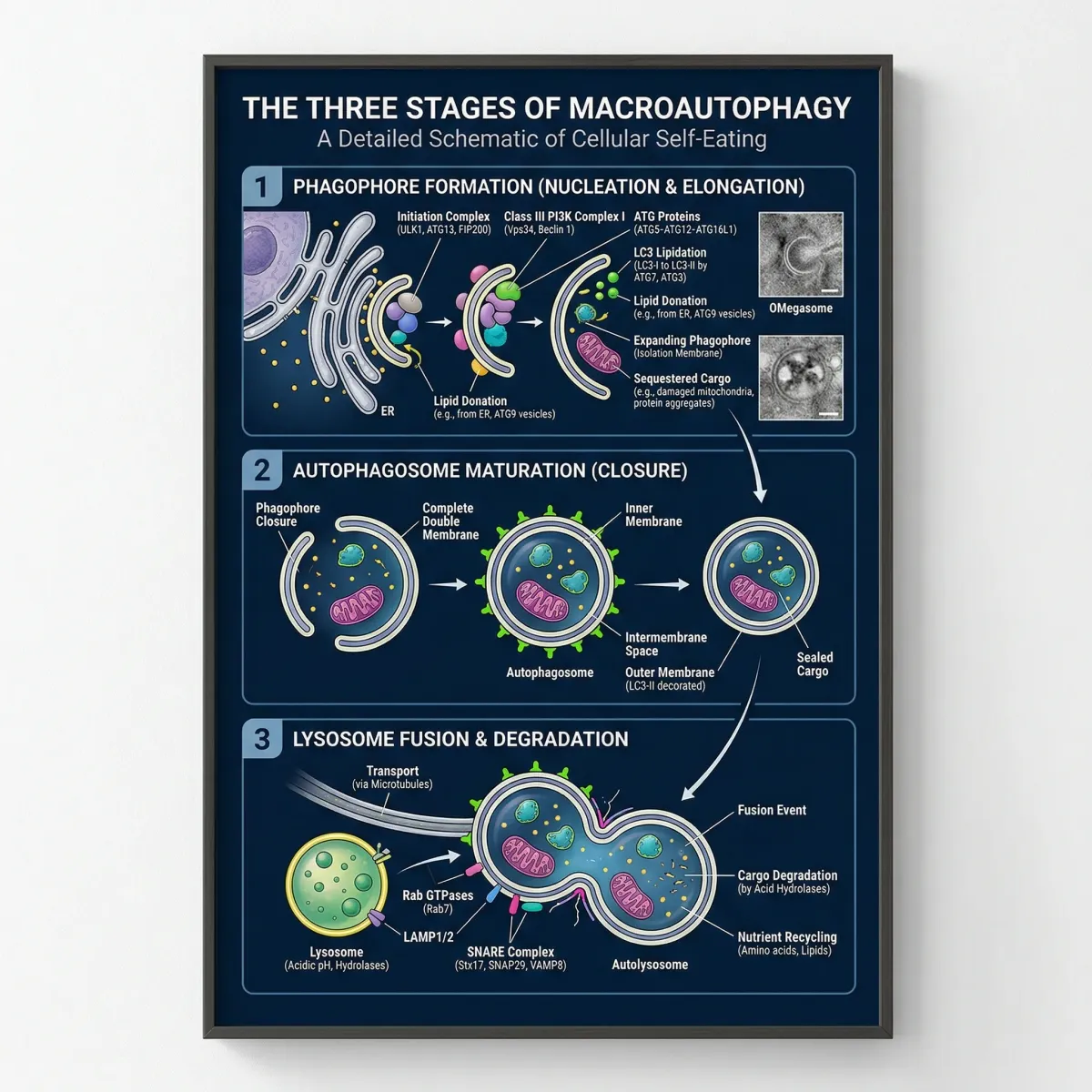 Infographic showing the three stages of autophagy from phagophore to autophagosome to lysosome fusion