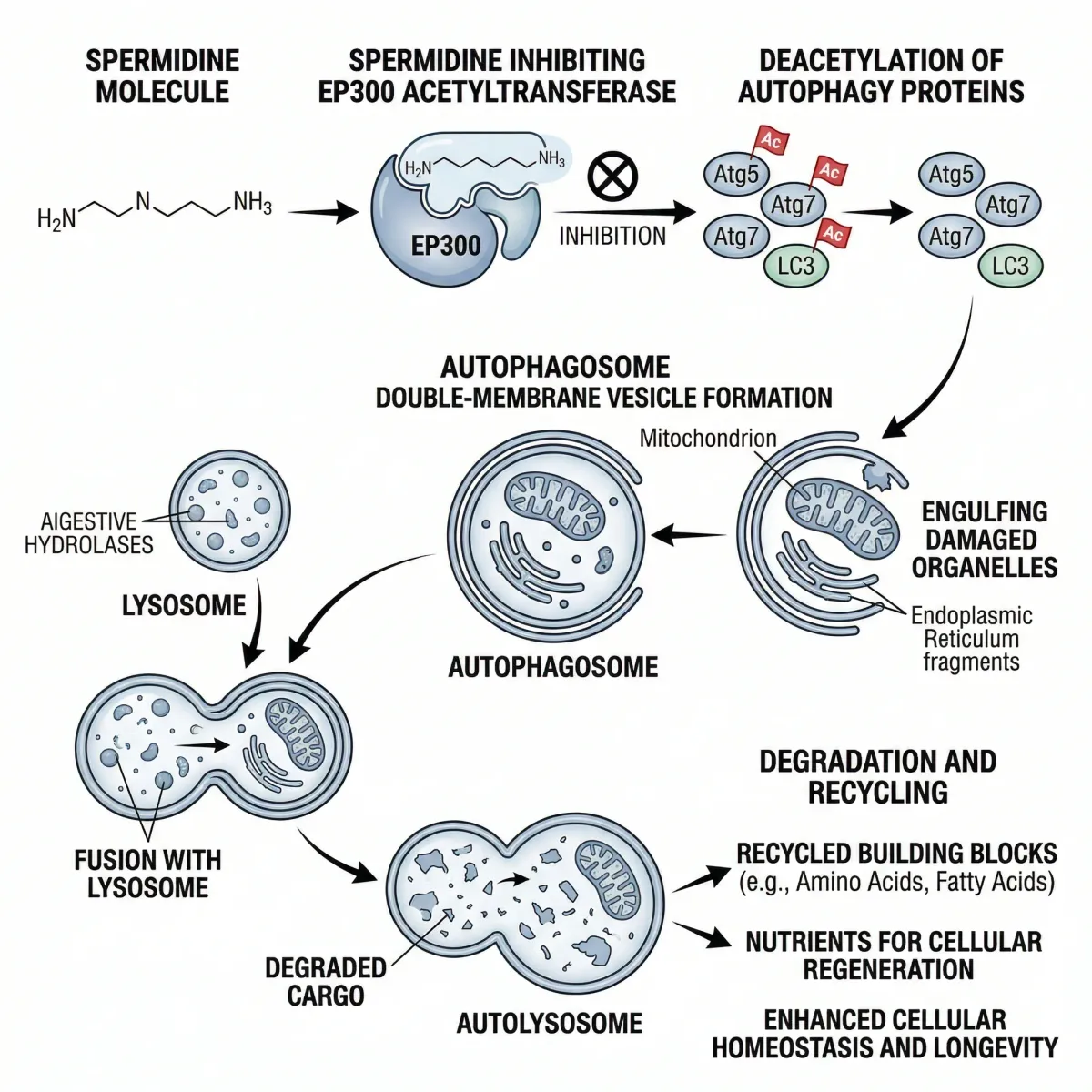 Infographic showing the spermidine autophagy pathway from EP300 inhibition through autophagosome formation to lysosomal degradation