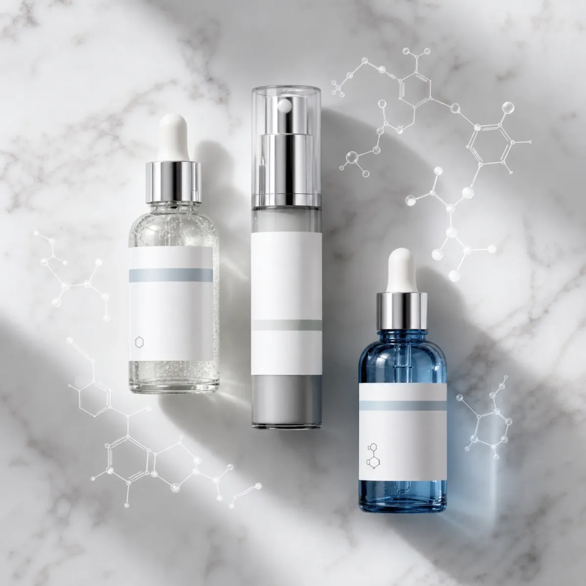 Three peptide hair treatment serums representing Capixyl, Redensyl, and Procapil formulations