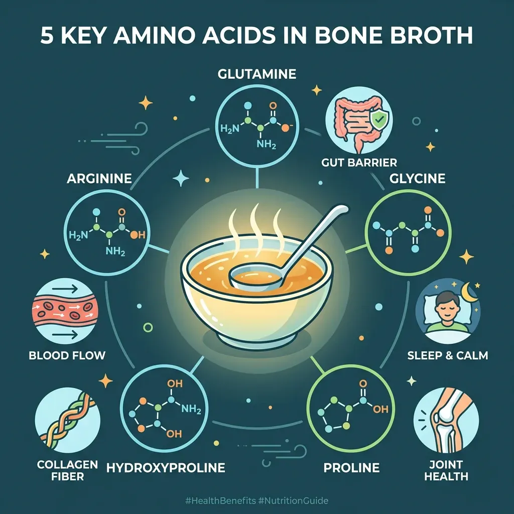 Infographic showing the key amino acids found in bone broth and their roles in the body