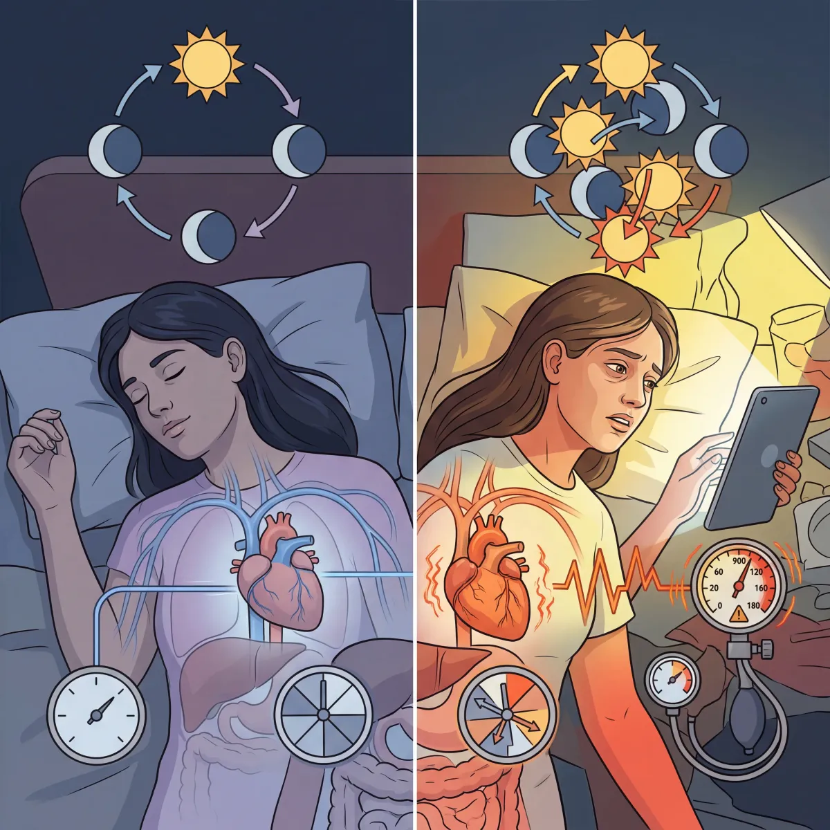 Diagram showing how circadian misalignment from shift work and irregular sleep affects blood pressure cortisol and inflammation pathways