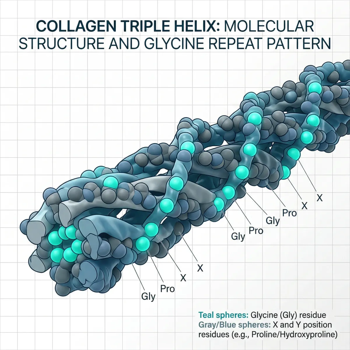Infographic showing glycine's position in the collagen triple helix structure with the repeating Gly-Pro-X pattern