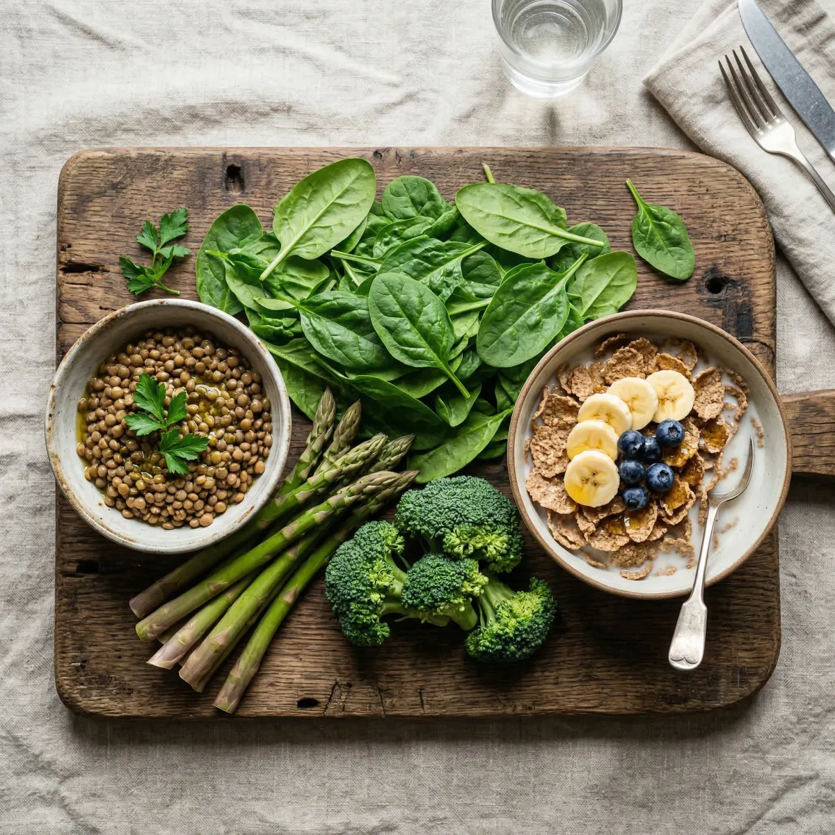 Arrangement of folate-rich foods including dark leafy greens, lentils, asparagus, and fortified cereals on a wooden surface